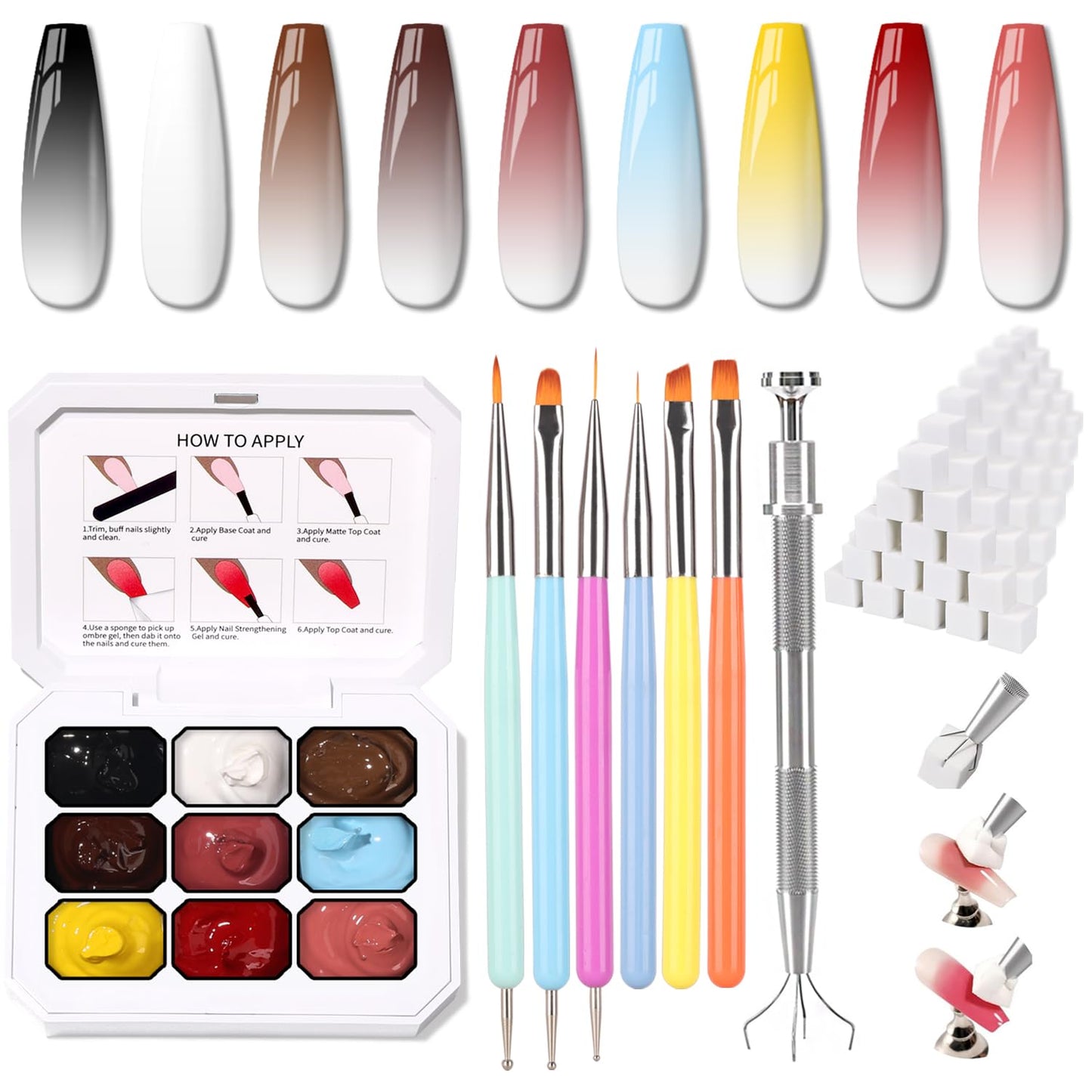Ombre Nail Gel Set - 9 Colors Sponge Pat Paint for Floral Nail Art, No Wipe, UV/LED Curing