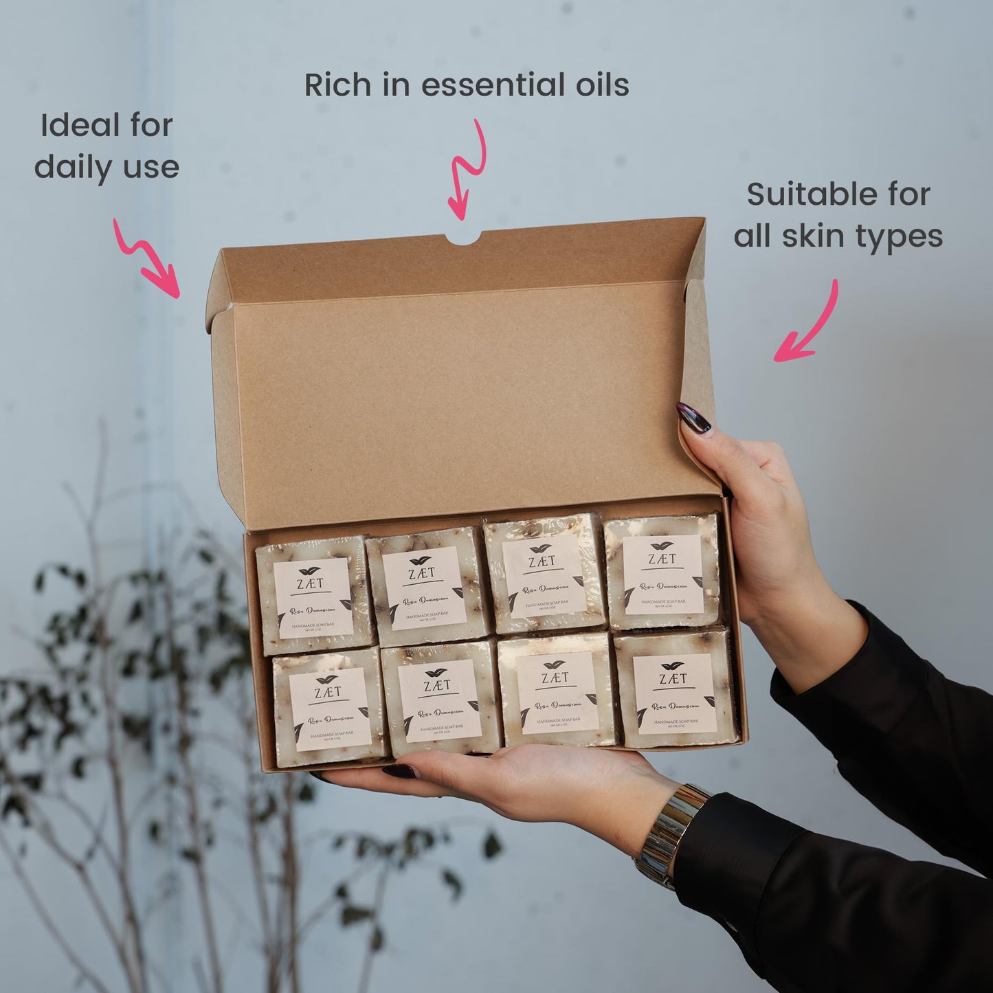 ZÆT 8-Pack Rose Damascene Bar Soap – Natural Rose Extract with Olive Oil and Coconut Oil - Handmade Soap Bar for Face and Body - Gently Cleanses and Hydrates All Skin Types- For Men and Women