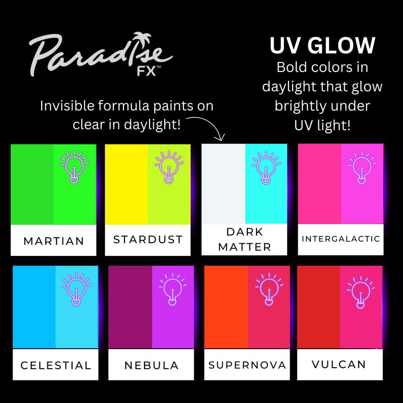 Mehron Paradise FX UV Neon Glow – Dark Matter – Neon Clear/Blue UV 0.25 oz | Pro Water-Activated Shimmer Paint for Raves, Costumes, SFX, Halloween, Stage, Screen, Theater & Cosplay