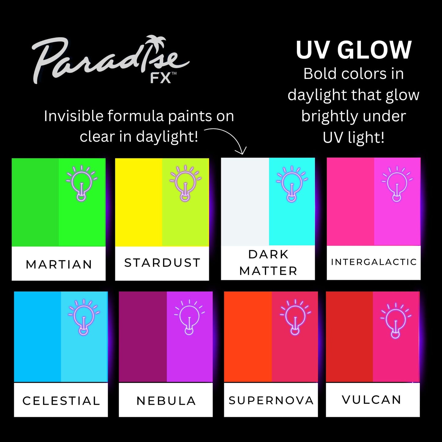 Mehron Paradise FX UV Neon Glow – Dark Matter – Neon Clear/Blue UV 0.25 oz | Pro Water-Activated Shimmer Paint for Raves, Costumes, SFX, Halloween, Stage, Screen, Theater & Cosplay