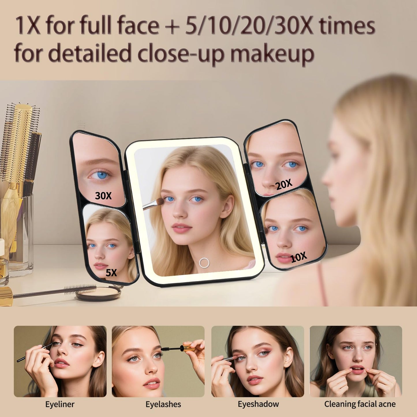 saiggnyy 5-in-1 Led Vanity Makeup Mirror,1X Full Face & 5x/10x/20x/30x Times Magnification for Close-up Makeup, Compact Travel Magnifying Mirror with Light, Trifold Mirrors with Stand (Cool Black)