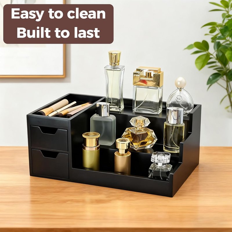 Perfume & Makeup Organizer - Stylish Wooden Rack for Cologne & Skincare | Black