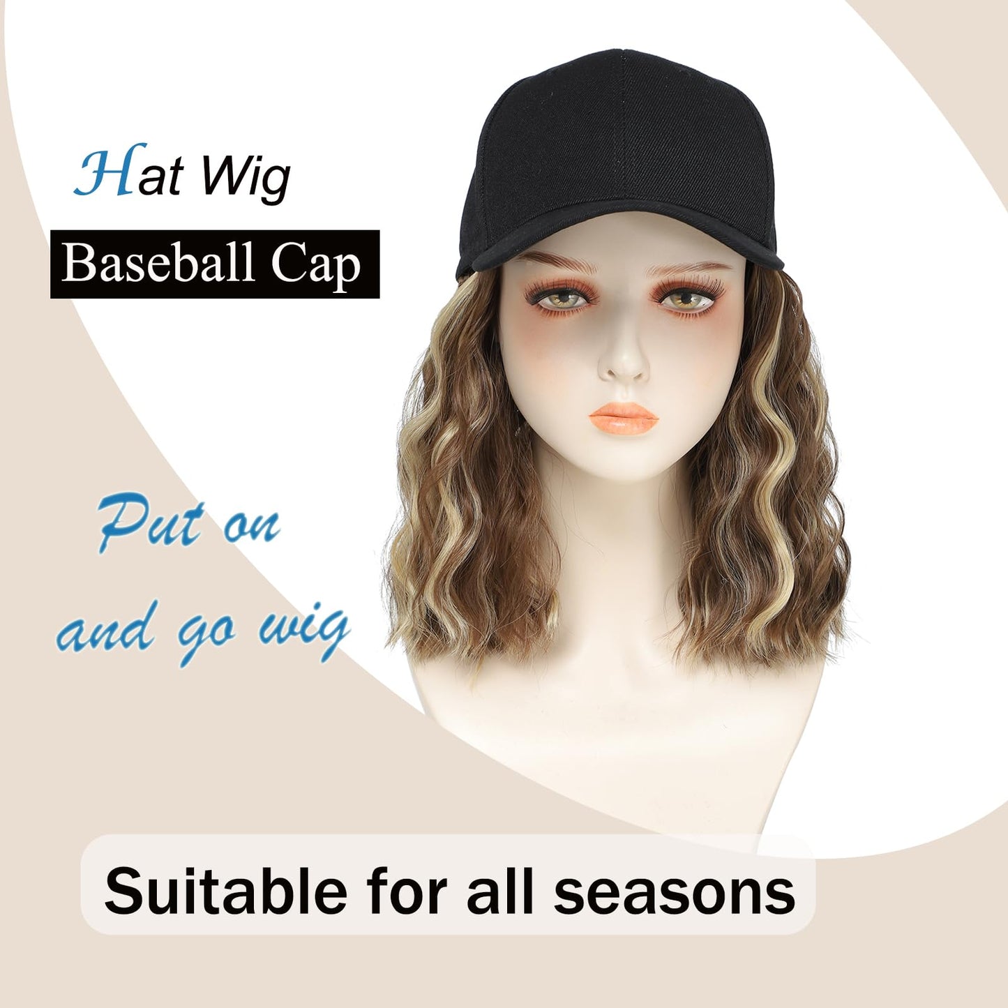 AliRobam Synthetic Wig Hat with Natural Wave Hair Extensions Attached for Woman Baseball Cap Wig Mix Brown Blonde Short Curly Wavy Hairstyle Adjustable Daily Outdoor Use(Mbrown blonde, 14inch)