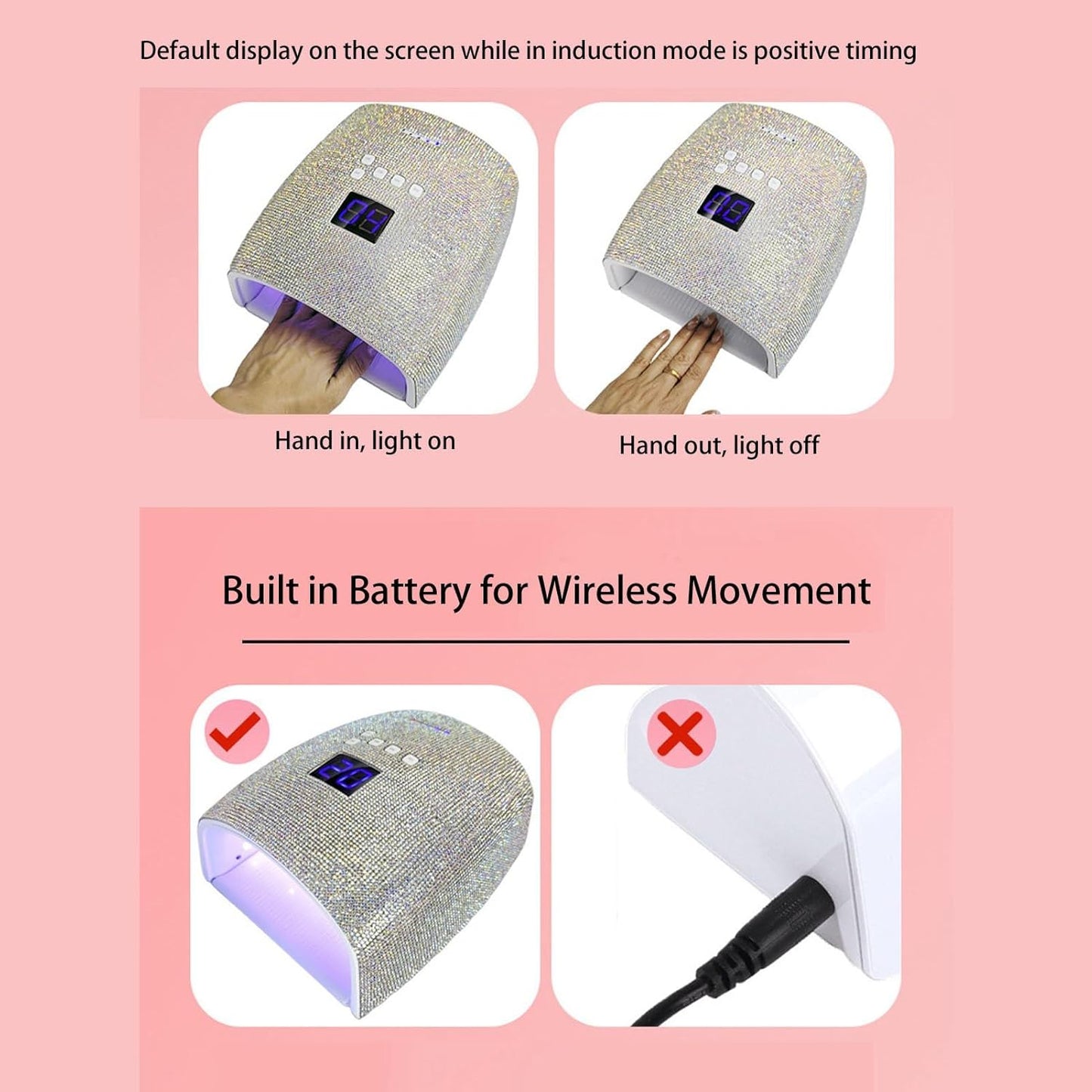 Rechargeable 66W Nail Lamp with Rhinestones - Gel Nail Light, 4 Timer Settings, Removable Tray