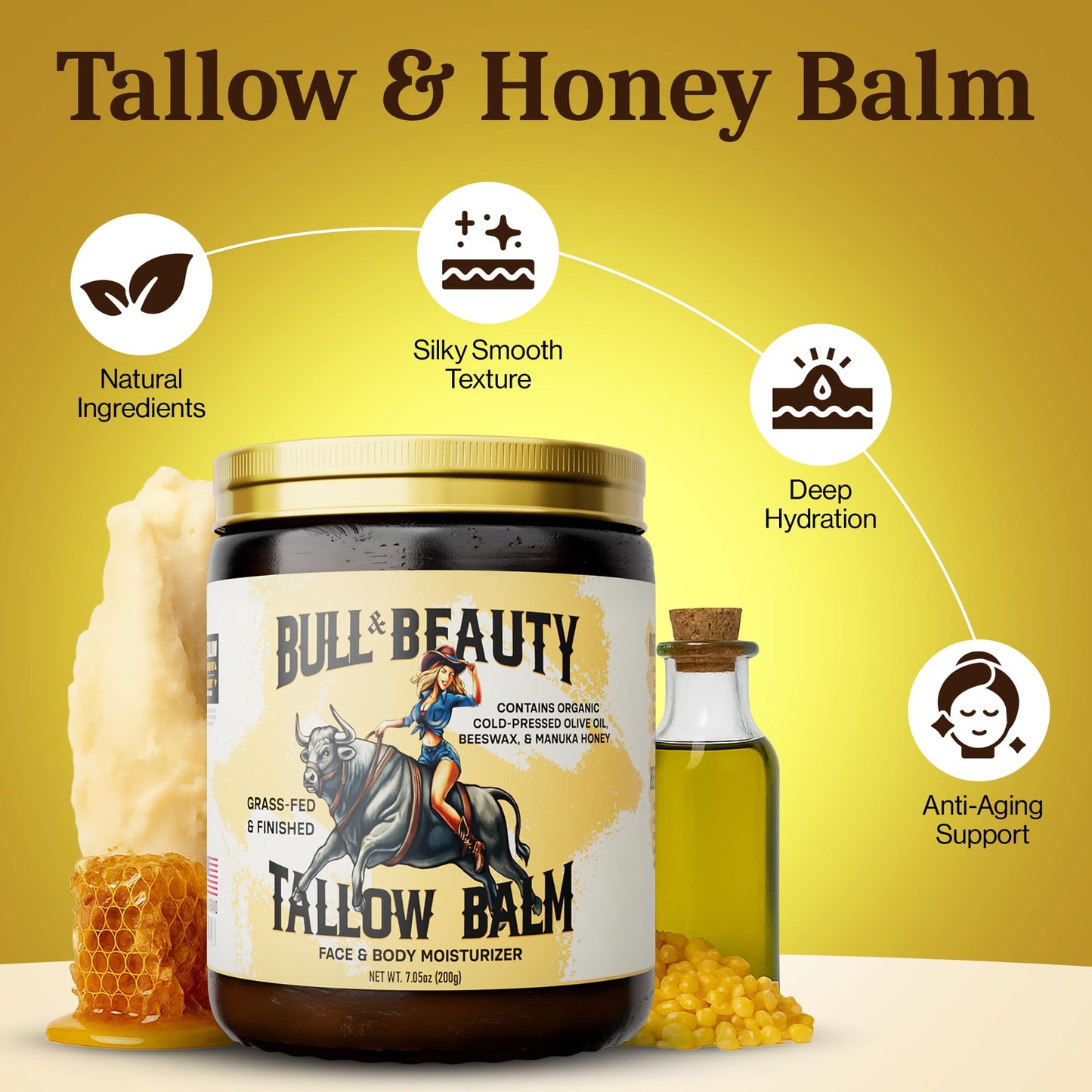 Bull & Beauty Organic Beef Tallow and Honey Balm 7.05oz Organic Beef Tallow for Skin - 100% Grass-Fed Unscented Beef Tallow Moisturizer for Skin & Face with Manuka Honey, Olive Oil & Beeswax