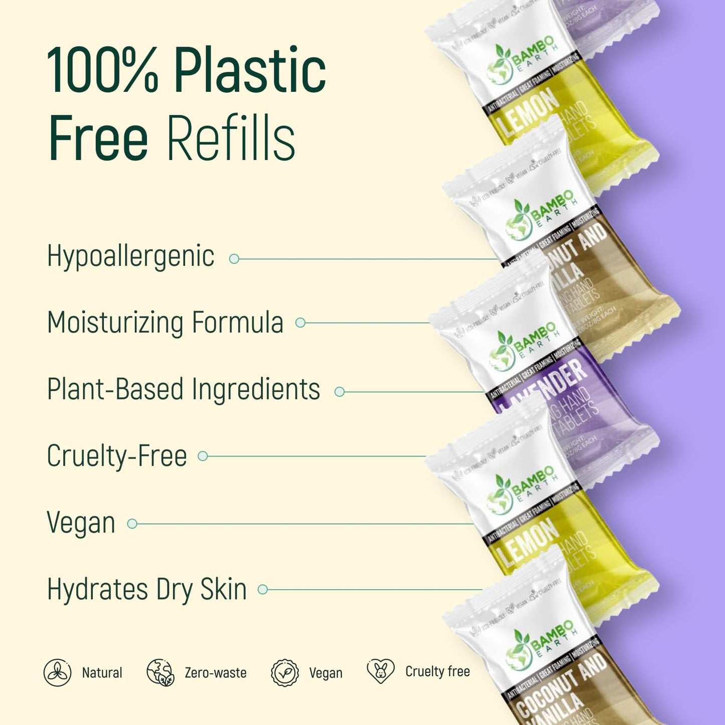 18 Pack Natural Foaming Hand Soap Tablets - Soft Moisturizing Handwash Tab Refills - 1 Tablet = 9 Oz Refillable Liquid Wash Foam Handsoap - Eco-Friendly Paper Softsoap Refill Tabs (Lavender)