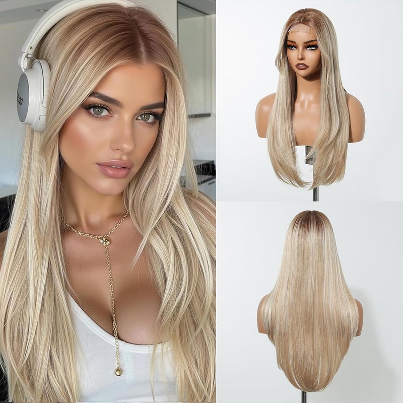 Long Straight Ombre Brown Blonde Wig - Synthetic Lace Front for Daily Use | 26 Inch, Middle Part, Natural Hairline