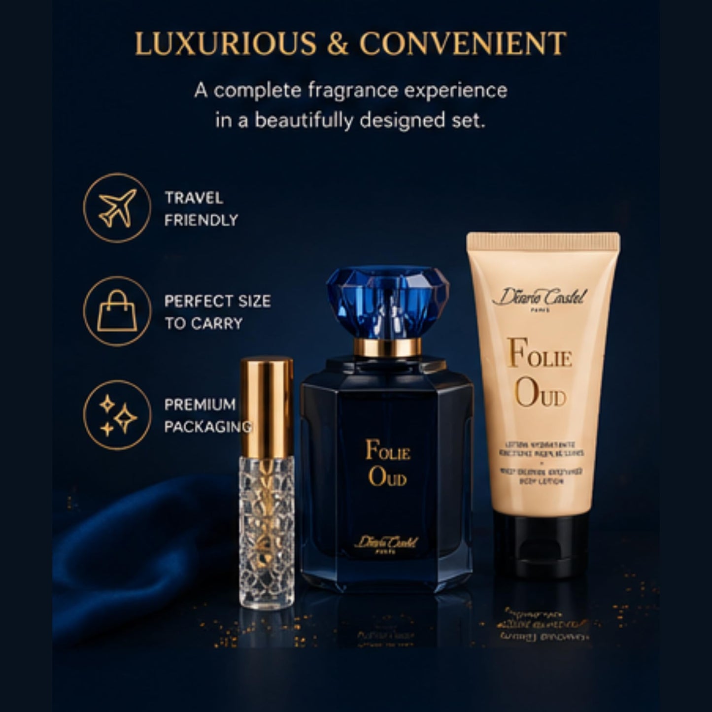 Diane Castel Folie Oud Gift Set - Floral Woody Amber Fragrance - Women Perfume and Body Lotion - Notes of Jasmine, Rose, and Oud - 3 pc