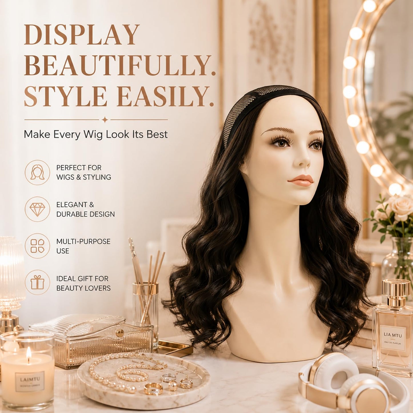 17-inch Female Mannequin Head Form with Eyelashes and Lips Display Stand for Wigs, Hats, Jewelry