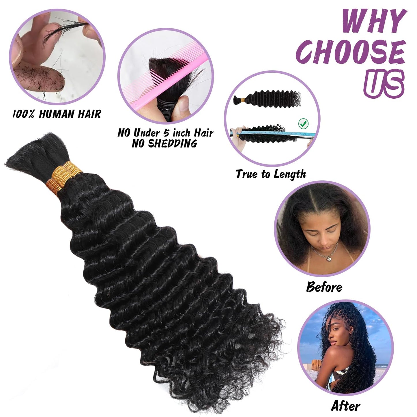Afihond Human Braiding Hair For Boho Braids Deep Water Wave Bulk Human Hair for Braiding 12A Wet and Wavy Curly 100% Human Hair Extensions 3 Bundles 110g Natural Color 16inch