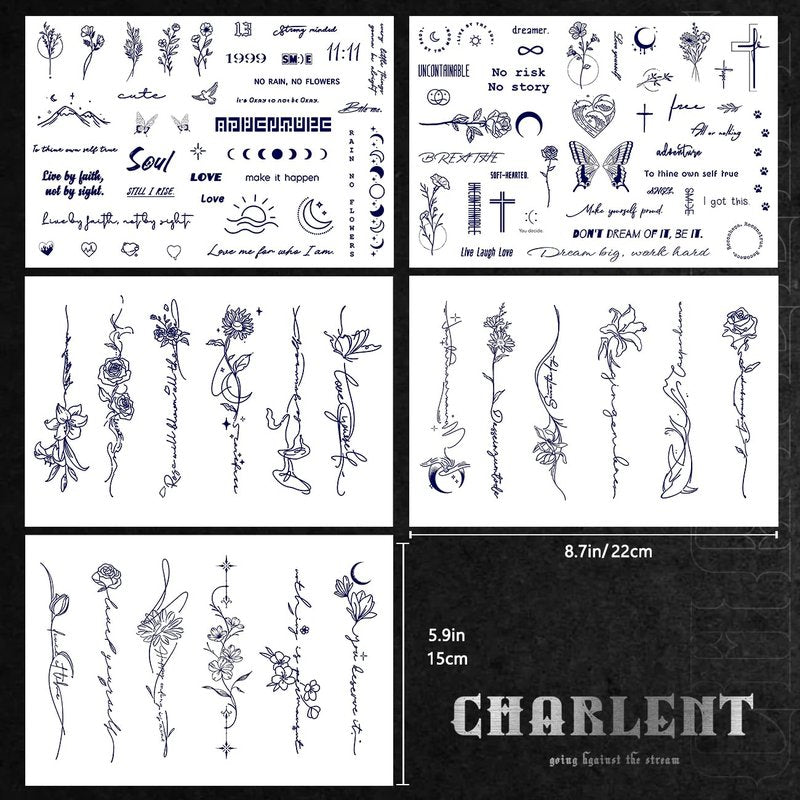 CHARLENT Semi-Permanent Tattoos for Adult - 2 Weeks Long Last Small Flower Words Tattoos for Women Men Hand Neck Body/Fades Naturally/No Reflection/Waterproof/Realistic, Minimal Line Art