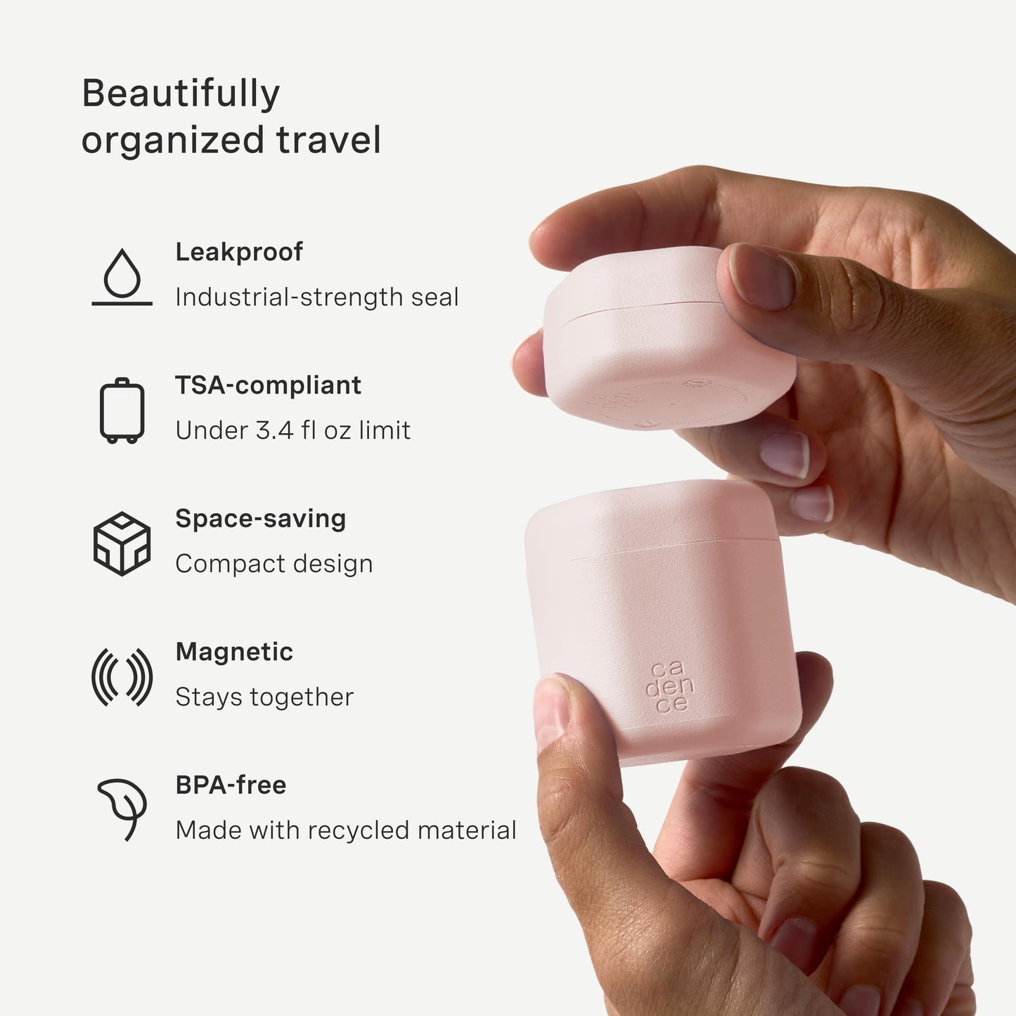 Cadence Travel Containers - 2 Piece Haircare Set - Magnetic Travel Capsules - For Shampoo, Conditioner, Hair Styling Product - 1 Small & 1 Medium Capsule - Shampoo & Conditioner Labels - Petal