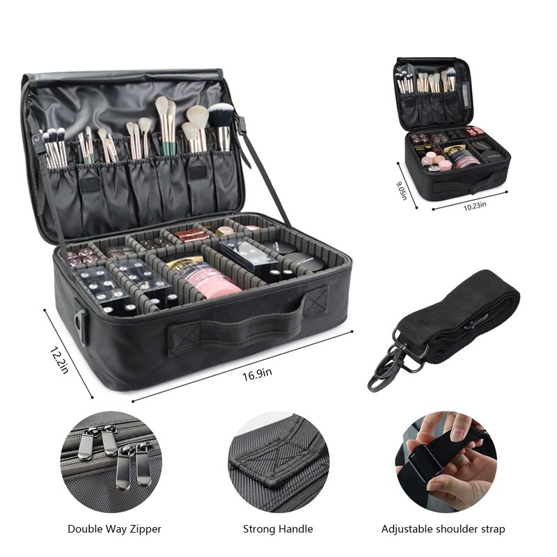 MORMID Travel Makeup Case 3 Layers Portable Makeup Train Case Cosmetic Bag Organizer Storage for Women with Adjustable Dividers and Shoulder Strap for Toiletry Travel Accessories(Black,XL)