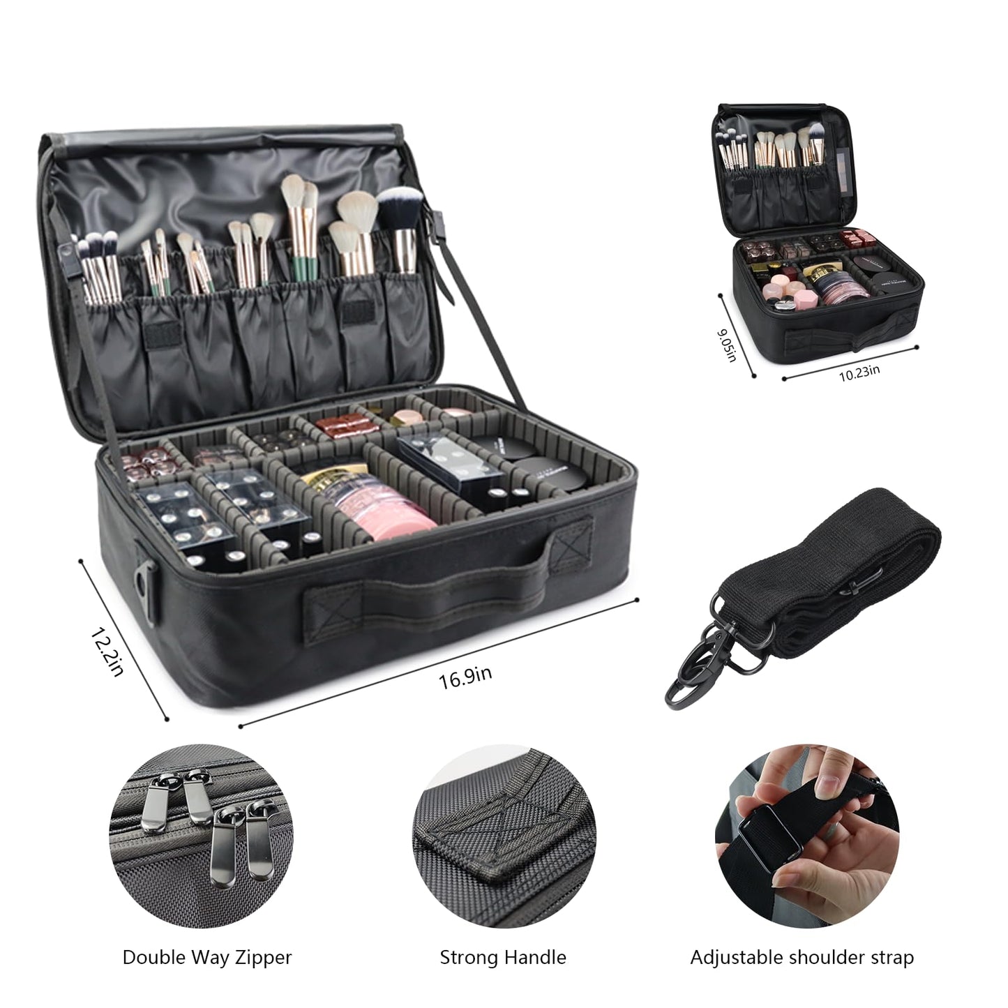 MORMID Travel Makeup Case 3 Layers Portable Makeup Train Case Cosmetic Bag Organizer Storage for Women with Adjustable Dividers and Shoulder Strap for Toiletry Travel Accessories(Black,XL)