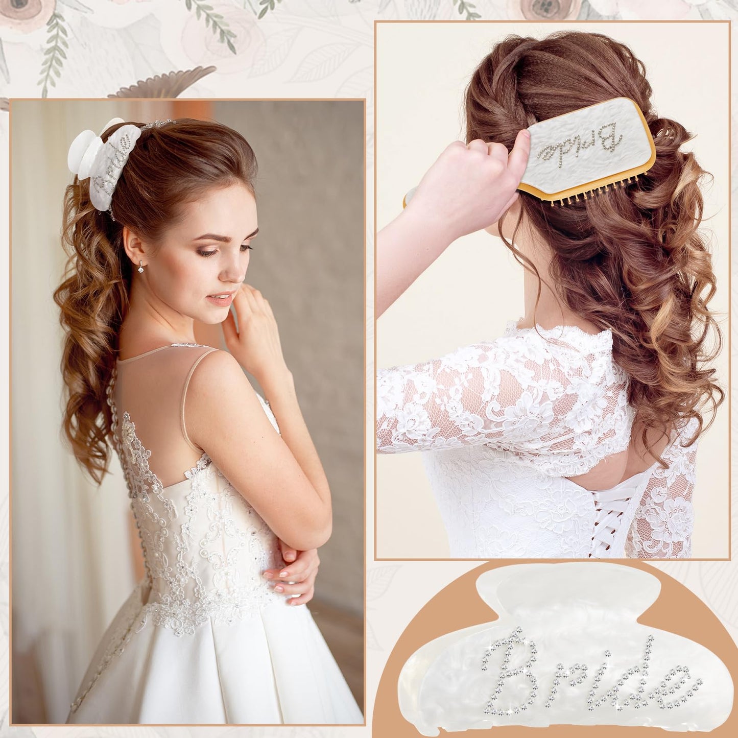 Vicenpal 2 Pcs Bride to Be Gift Set White Wooden Paddle Brush & Bridal Hair Claw Clip with Sparkling Rhinestone Bride Details Bridal Shower Gift for Bachelorette Party Wedding Accessories