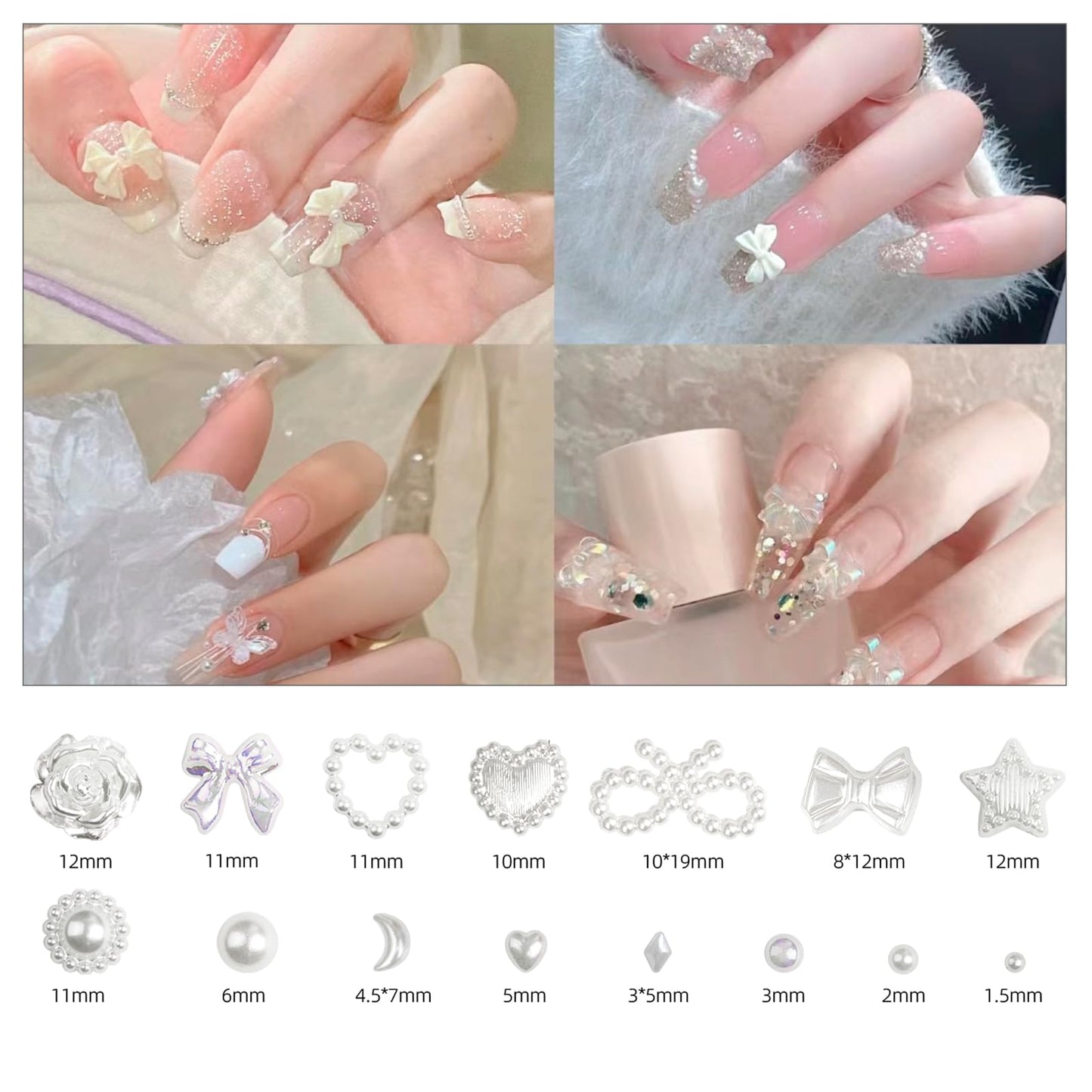 ShynyShy Nail Charms for Nails Design, Bow Nail Charms, 1200PCS 3D Multi Shapes Pearl Nail Jewels for Nail Art, Kawaii/Cute Nail Charms for Aacrylic Nails, Heart Star Butterfly for Craft (White)