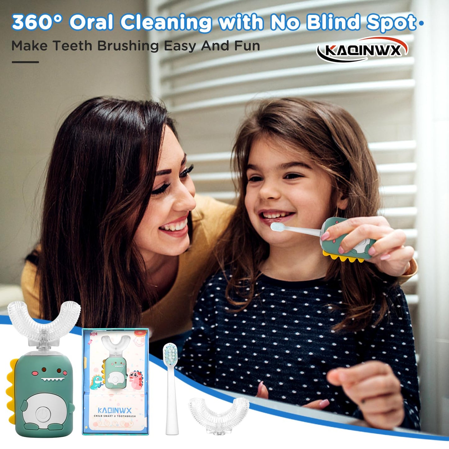 KAQINWX Kids U Shaped Electric Toothbrush for Age 2-12, Rechargeable Toddler Toothbrush with 60S Smart Timer, Dinosaur Design, IPX7 Waterproof & 360°Cleaning,Develop Kids' Brushing Habits