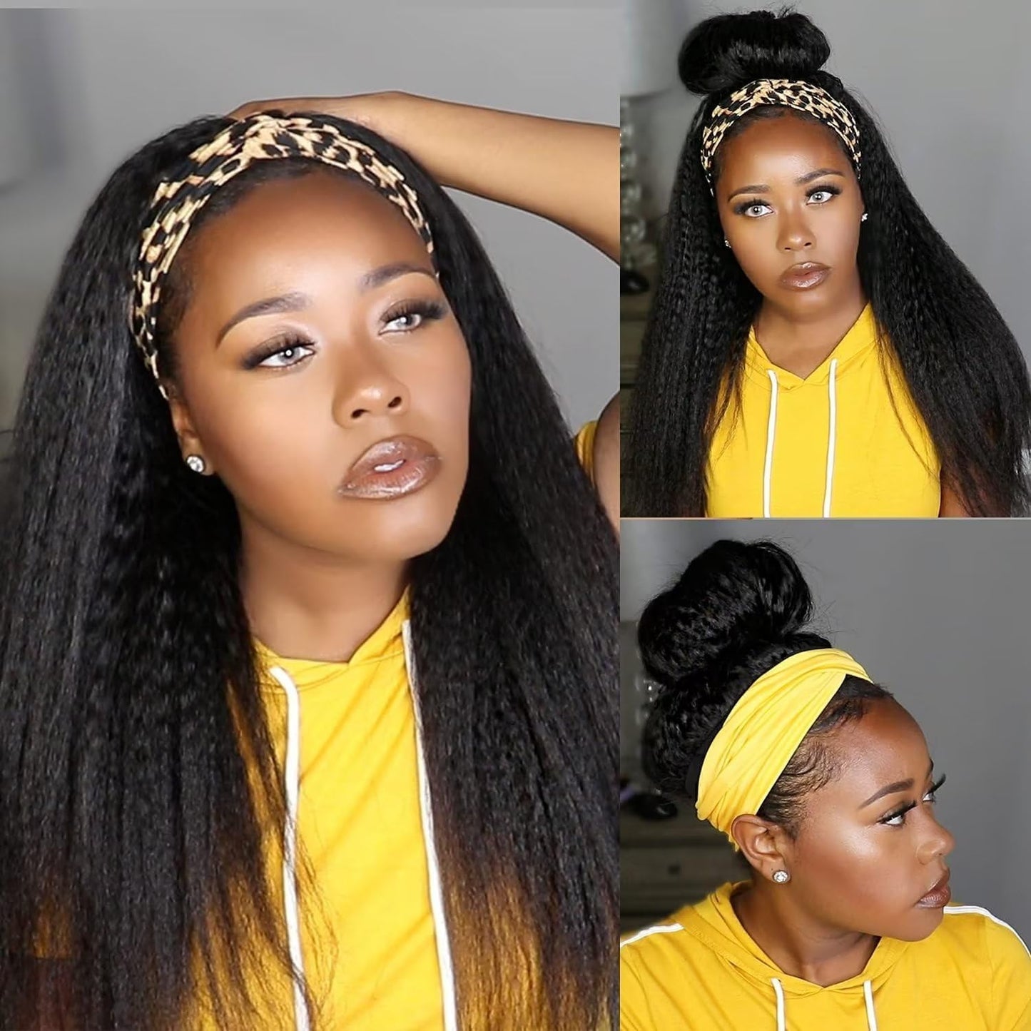 Kinky Straight Headband Wig Human Hair 180% Density 12A Headband Wigs for Women Glueless Yaki Headband Human Hair Machine Made Can Last 6-9 Months Life Natural Black Color 14 Inch