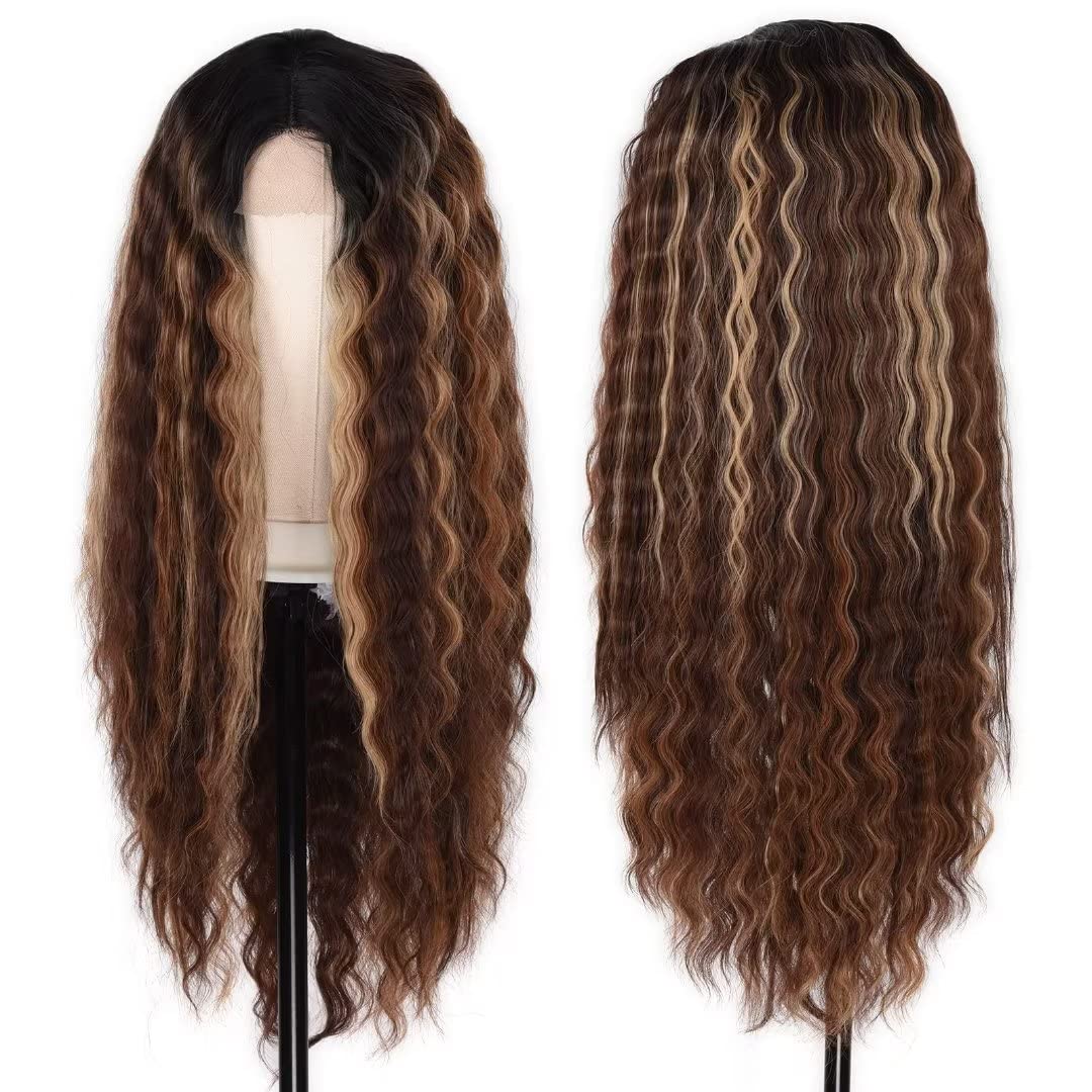 28-Inch Deep Wave Frontal Wig - Honey Blonde Ombre Synthetic Lace Front Wig for Women | Loose Curly Hair