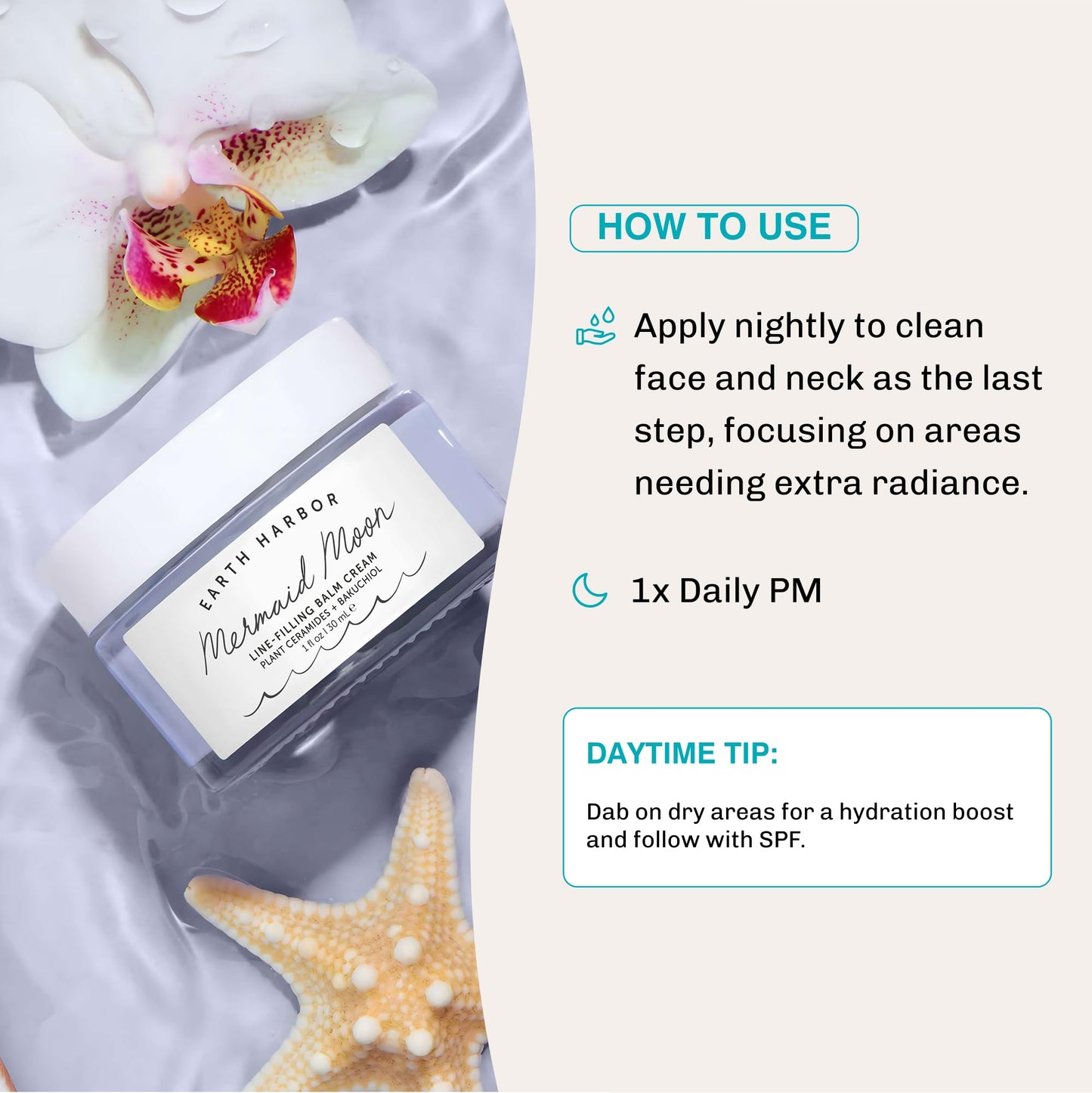 Earth Harbor Mermaid Moon Line-Filling Balm Cream - Vegan Night Treatment for Wrinkles and Hydration, with 20+ Actives - Deeply Restores and Nourishes Skin