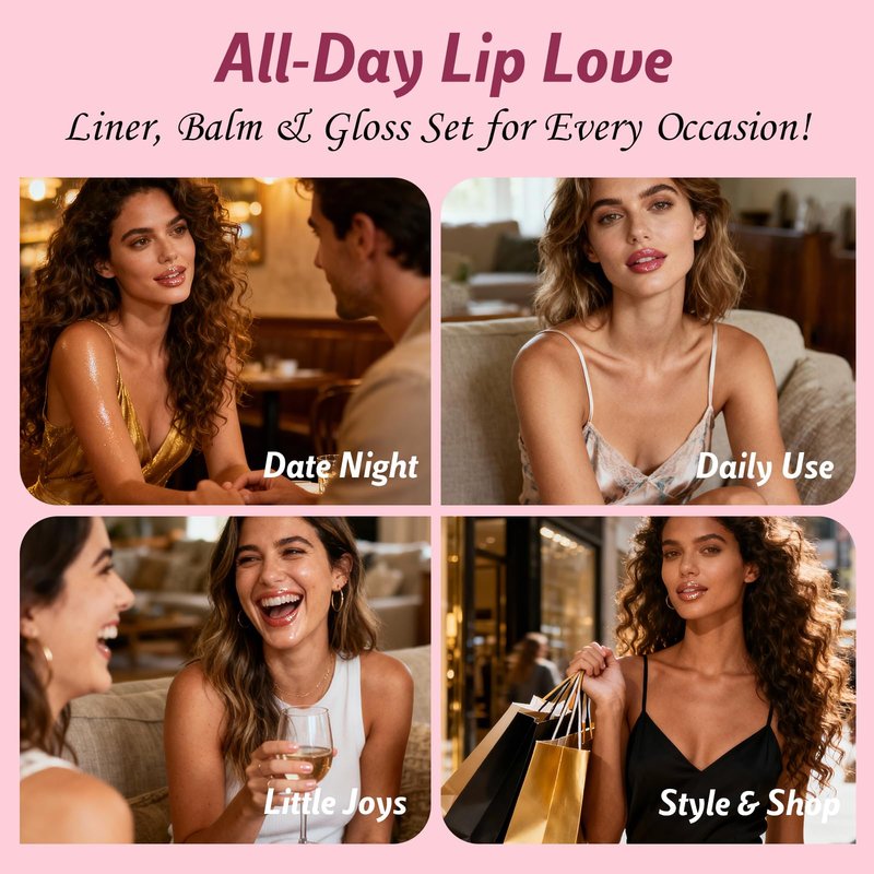 3 Pack Lip Combo Set - Matte Lip Liner Pencil + Hydrating Tinted Lip Balm + Plumping Lip Gloss, Non-Sticky, Long-Lasting, 3-in-1 Lip Makeup Kit for Plump, Hydrated & Glossy Lips (Berry Mousse Set)