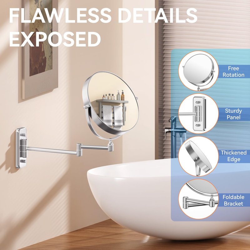 Auxmir 8'' Wall Mounted Makeup Mirror, 1X/20X Double-Sided Magnifying Mirror with Tweezer, HD Bathroom Makeup Mirror, Cosmetic Vanity Mirror with 360 Rotation Extendable Swivel Arm, Chrome