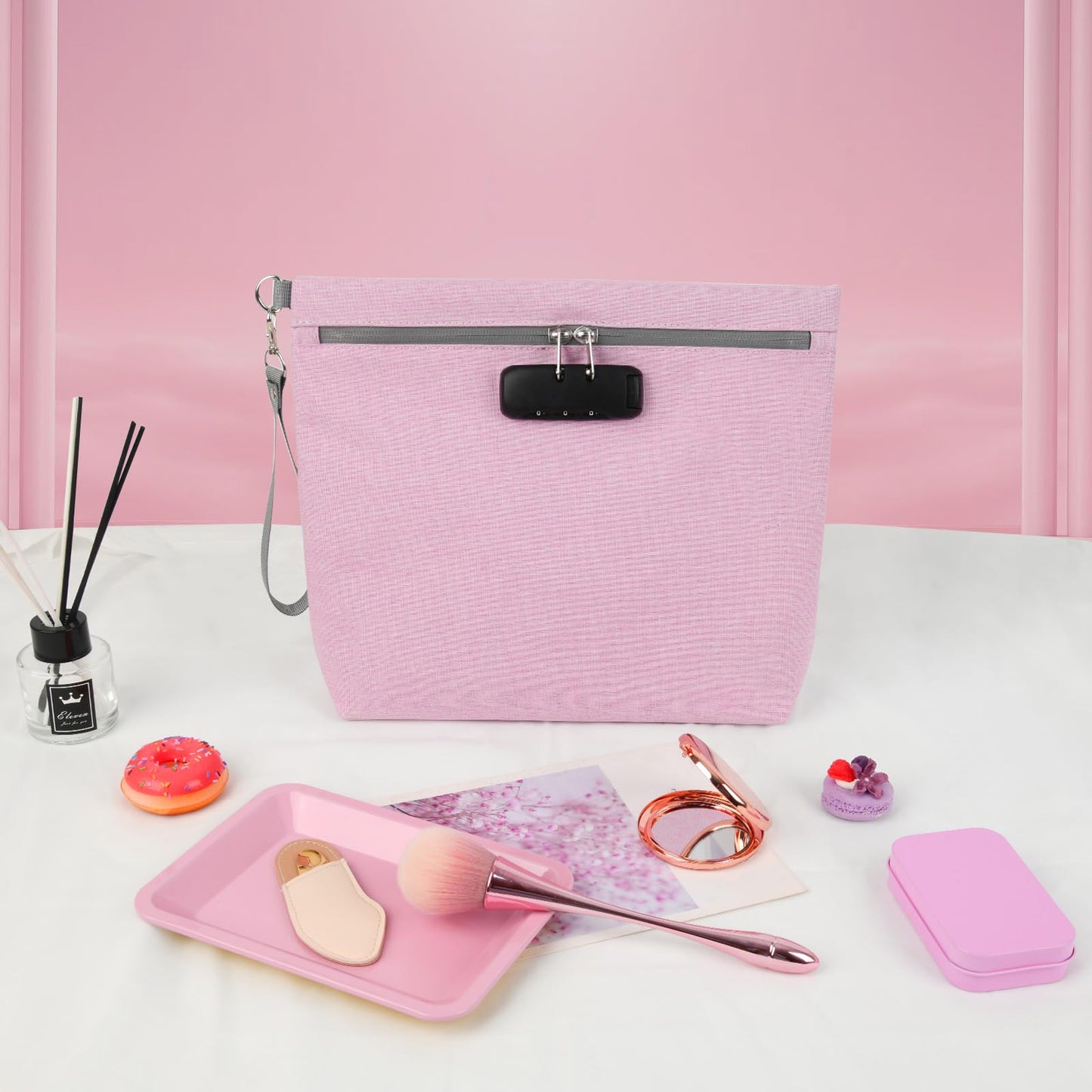 Pink Medium Travel Smell Proof Bag with 10 PCS Accessories, Portable Cosmetic Pouch with Combination Lock. Gift for Women.