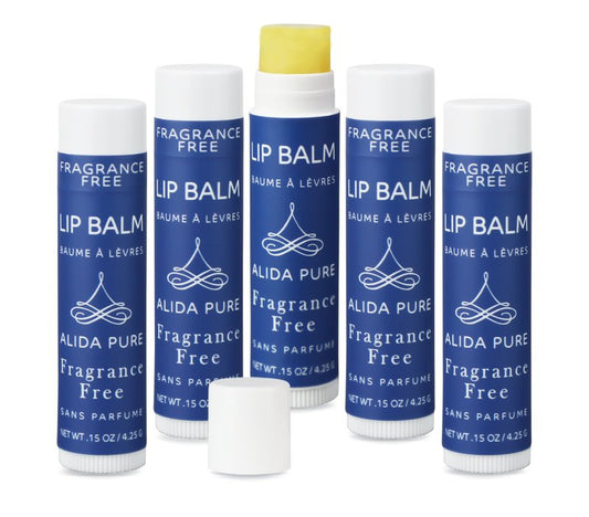 ALIDA PURE Fragrance Free Lip Balm, Vegan Set, Unscented, No Flavor, Beeswax Free, Organic Jojoba and Avocado Oil, Vitamin E, Natural Moisturizer for Dry, Chapped, or Cracked Lips, 5 Tube Set