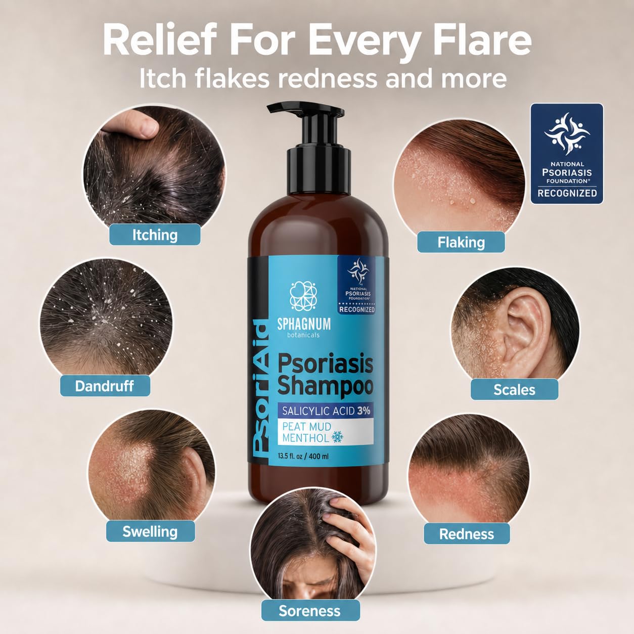 Sphagnum Botanicals Psoriasis Shampoo with Salicylic Acid for Women and Men, Natural Relief for Dry, Itchy, Flaky Scalp, Menthol and Peat Mud, Sulfate-Free Medicated Formula, 13.5 fl oz