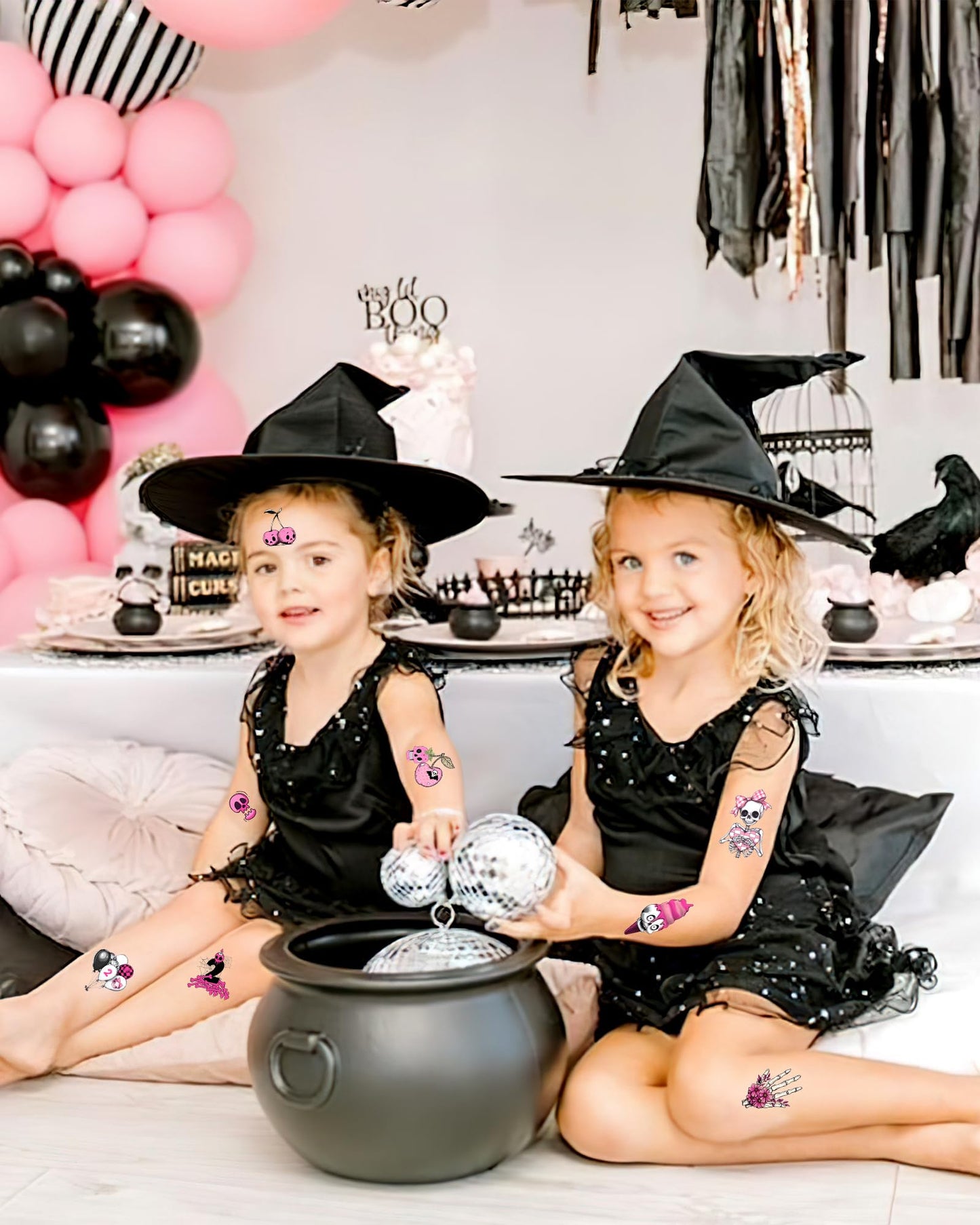 192 Pieces Bad Two The Bone Black and Pink Temporary Tattoos Stickers,20 Sheets 2nd Birthday Skeleton Themed Tattoos Stickers Party Decoration Supplies Party favors