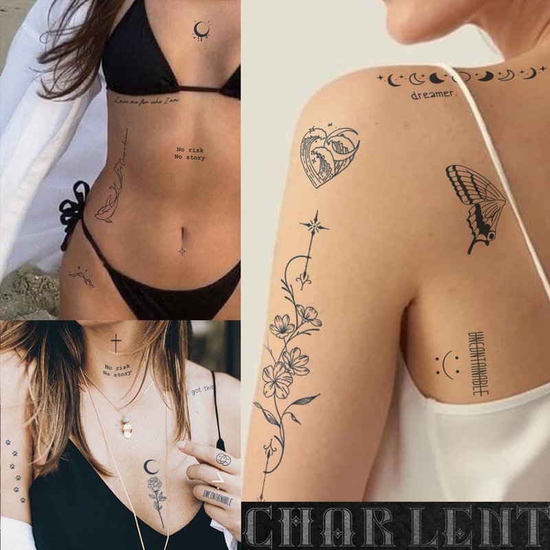 CHARLENT Semi-Permanent Tattoos for Adult - 2 Weeks Long Last Small Flower Words Tattoos for Women Men Hand Neck Body/Fades Naturally/No Reflection/Waterproof/Realistic, Minimal Line Art