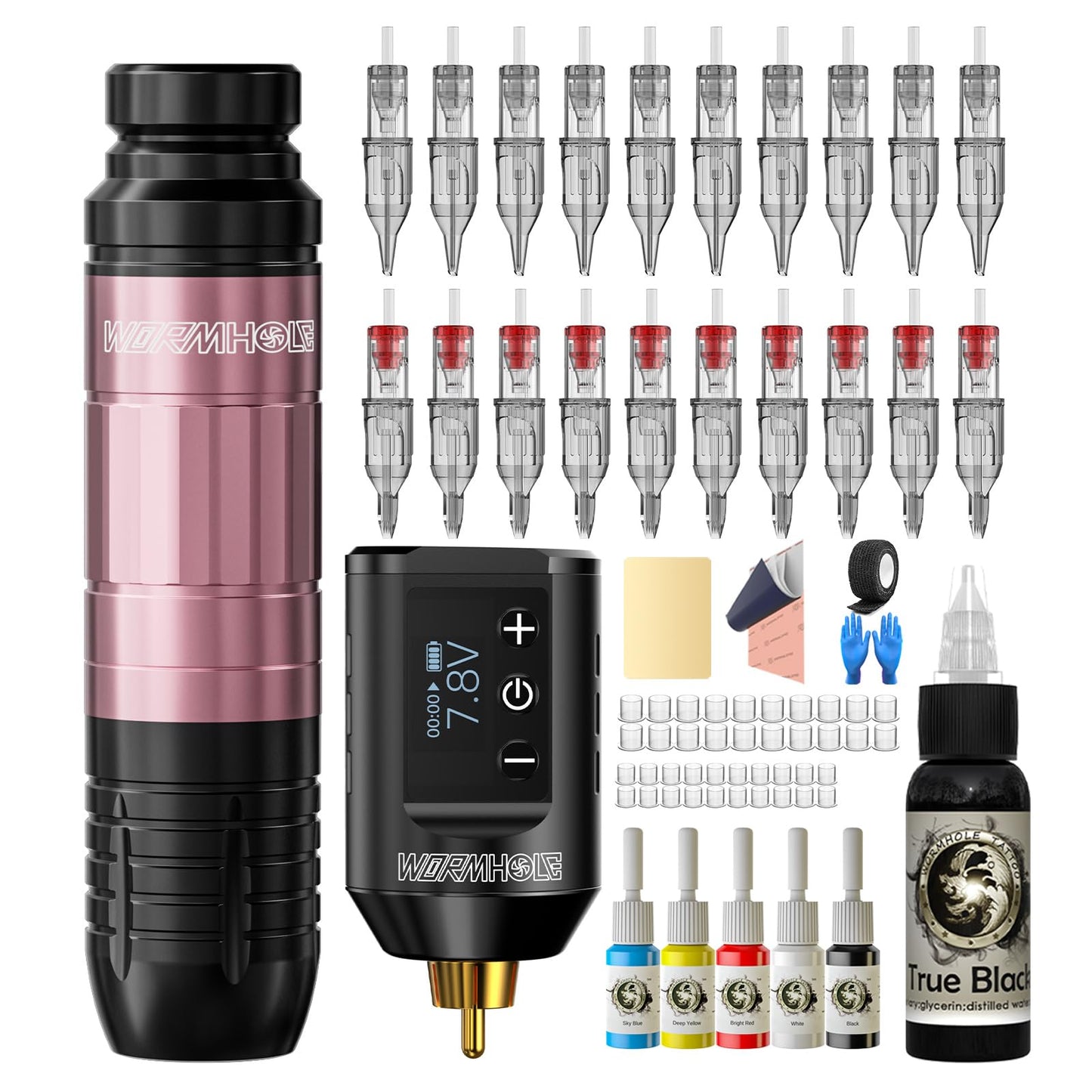 Wormhole Tattoo Gun Kit, 1500mAh Battery Wireless Tattoo Machine Kit Complete Tattoo Practice Kit 20PCS Tattoo Needles Rechargeable Cordless Tattoo Power Supply for Tattooist WTK260
