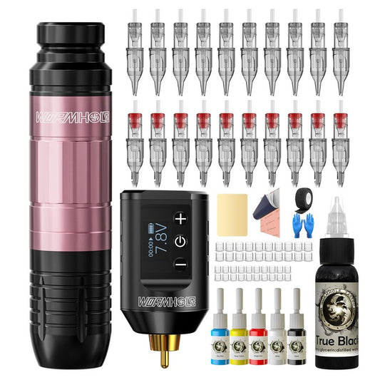 Wormhole Tattoo Gun Kit, 1500mAh Battery Wireless Tattoo Machine Kit Complete Tattoo Practice Kit 20PCS Tattoo Needles Rechargeable Cordless Tattoo Power Supply for Tattooist WTK260