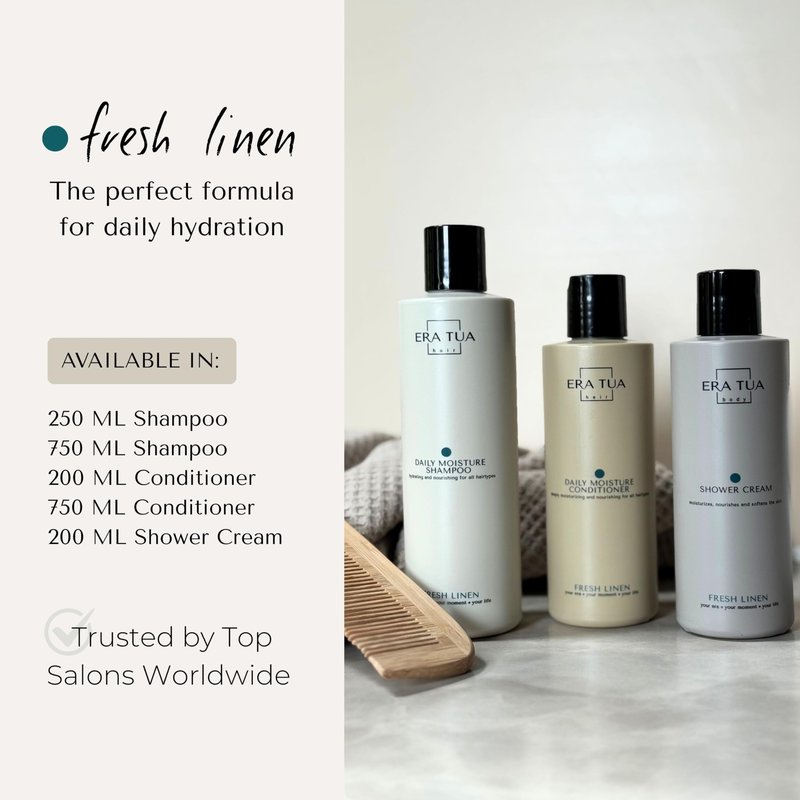 ERA TUA Fresh Linen Daily Moisture Shampoo| Dutch Made & Formulated Moisture Repairing Shampoo for Dry and Damaged Hair | Scent of Bergamot, Jasmine & Rose | 250 ml