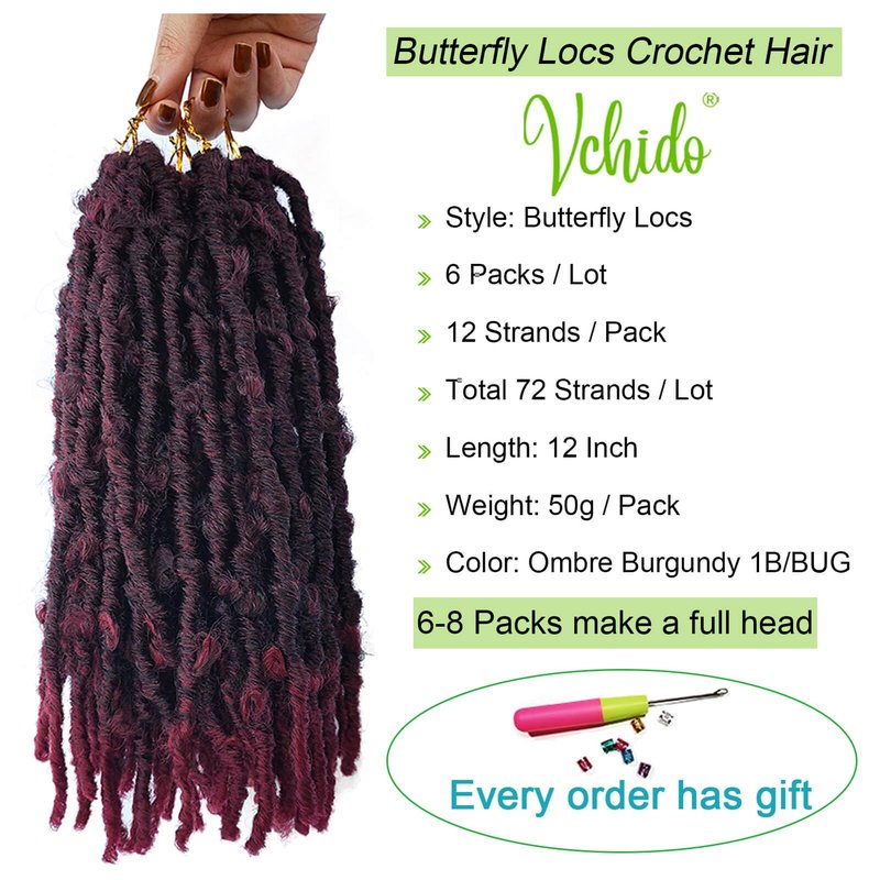 6 Packs Crochet Butterfly Locs Crochet Hair 12 Inch Burgundy Red Distressed Crochet Braids Soft Butterfly Faux Locs Crochet Hair Extension (12Inch,1B/BUG)