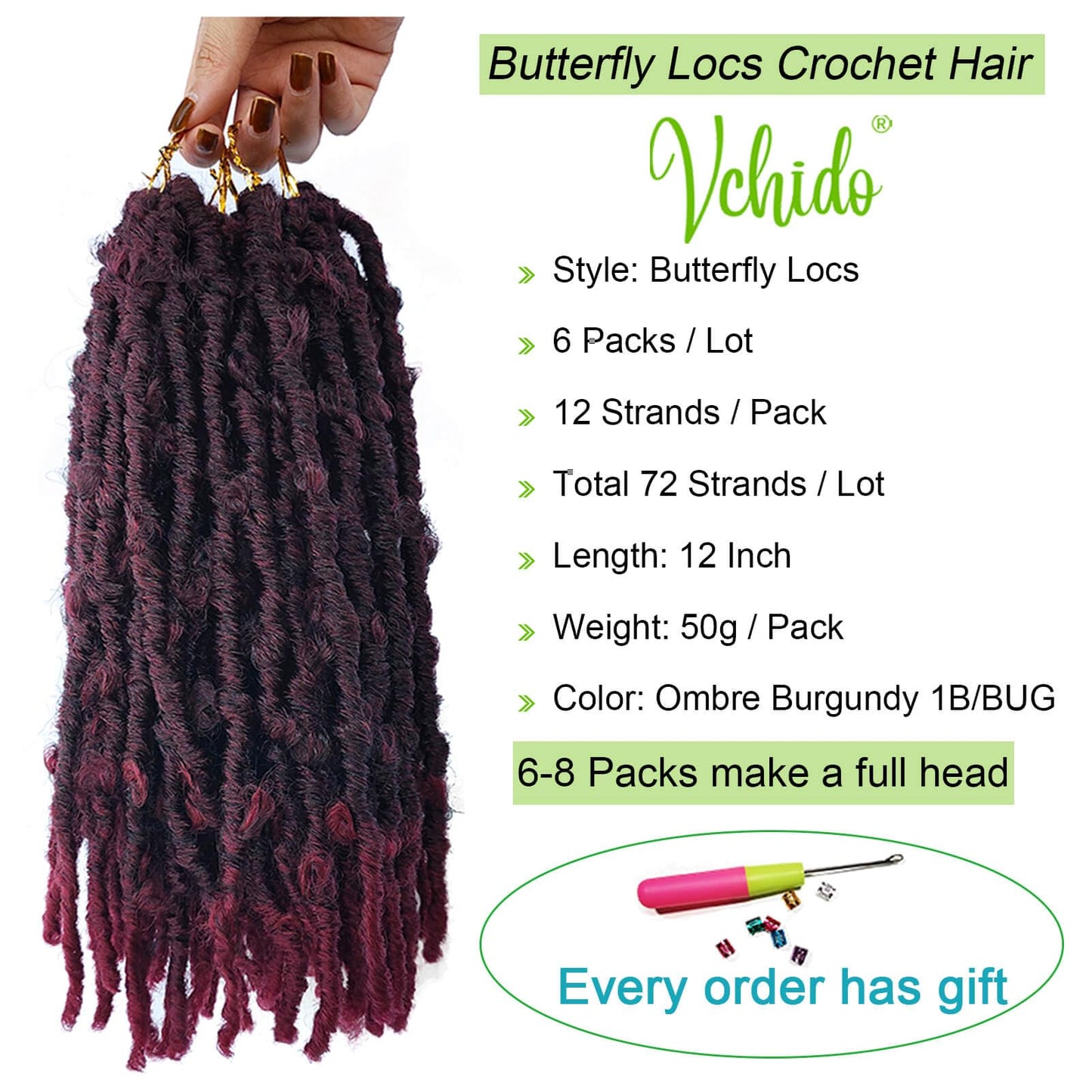 6 Packs Crochet Butterfly Locs Crochet Hair 12 Inch Burgundy Red Distressed Crochet Braids Soft Butterfly Faux Locs Crochet Hair Extension (12Inch,1B/BUG)