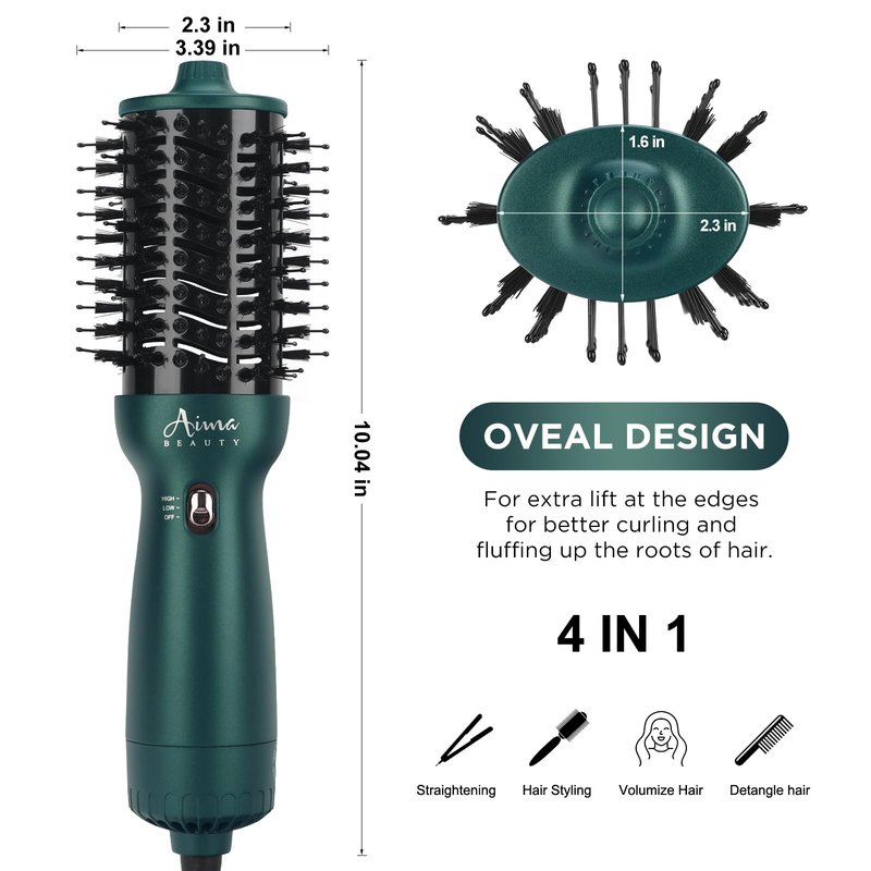 Aima Beauty Hair Dryer Brush Dual Voltage Travel Blow Dryer Brush Hot Air Brush with Oval Barrel 360°Airflow for Smooth,Negative Ionic Frizz-Free Drying/Straightening/Voluming, Dark Green