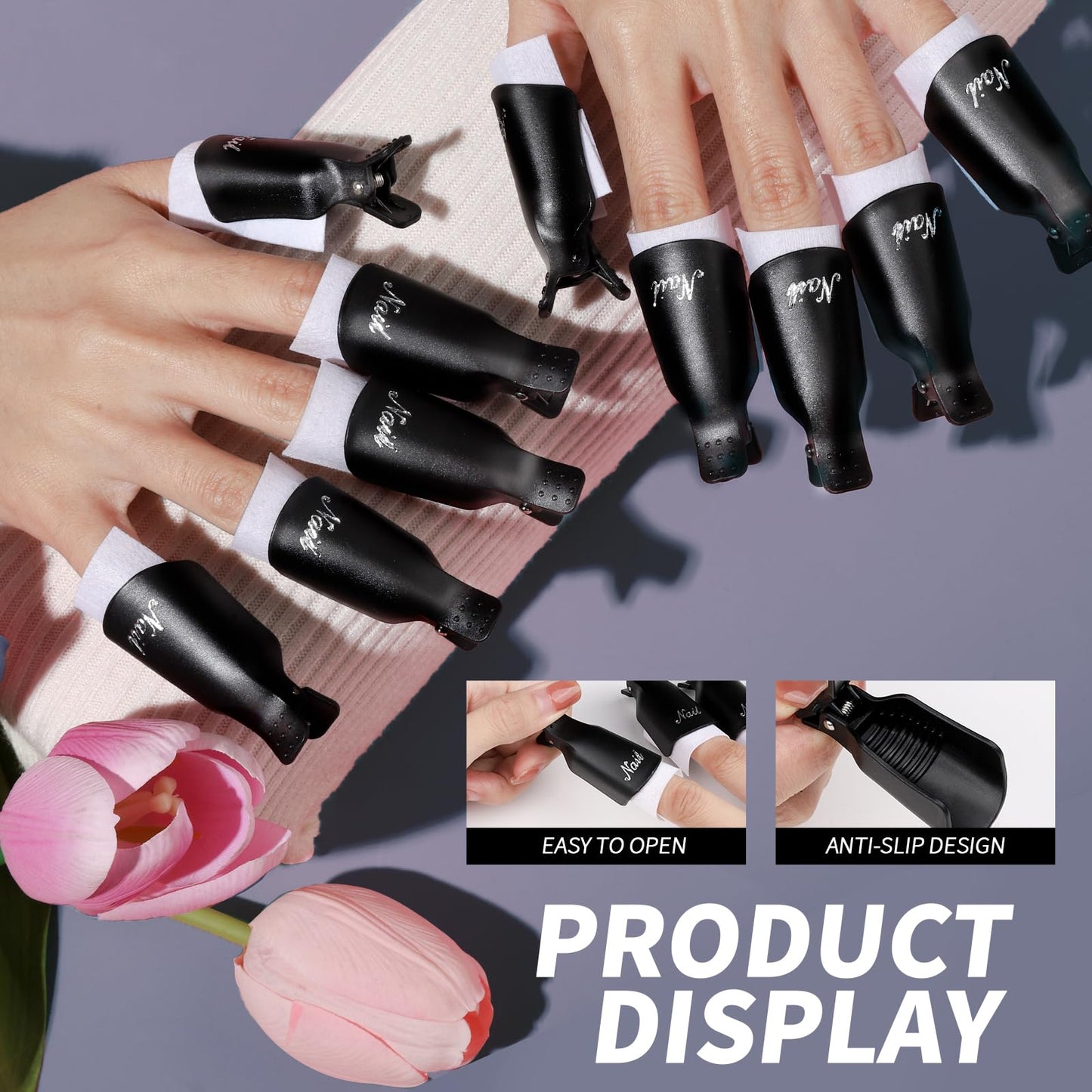 FANDAME Gel Nail Polish Remover Tools Kit, 10 PCS Nail Polish Remover Clips Black, 100ml Nail Polish Remover Bottle, 500PCS Cotton Pad, Nail Brush, Cuticle Pusher, Nail File, Buffer Block Tools kit