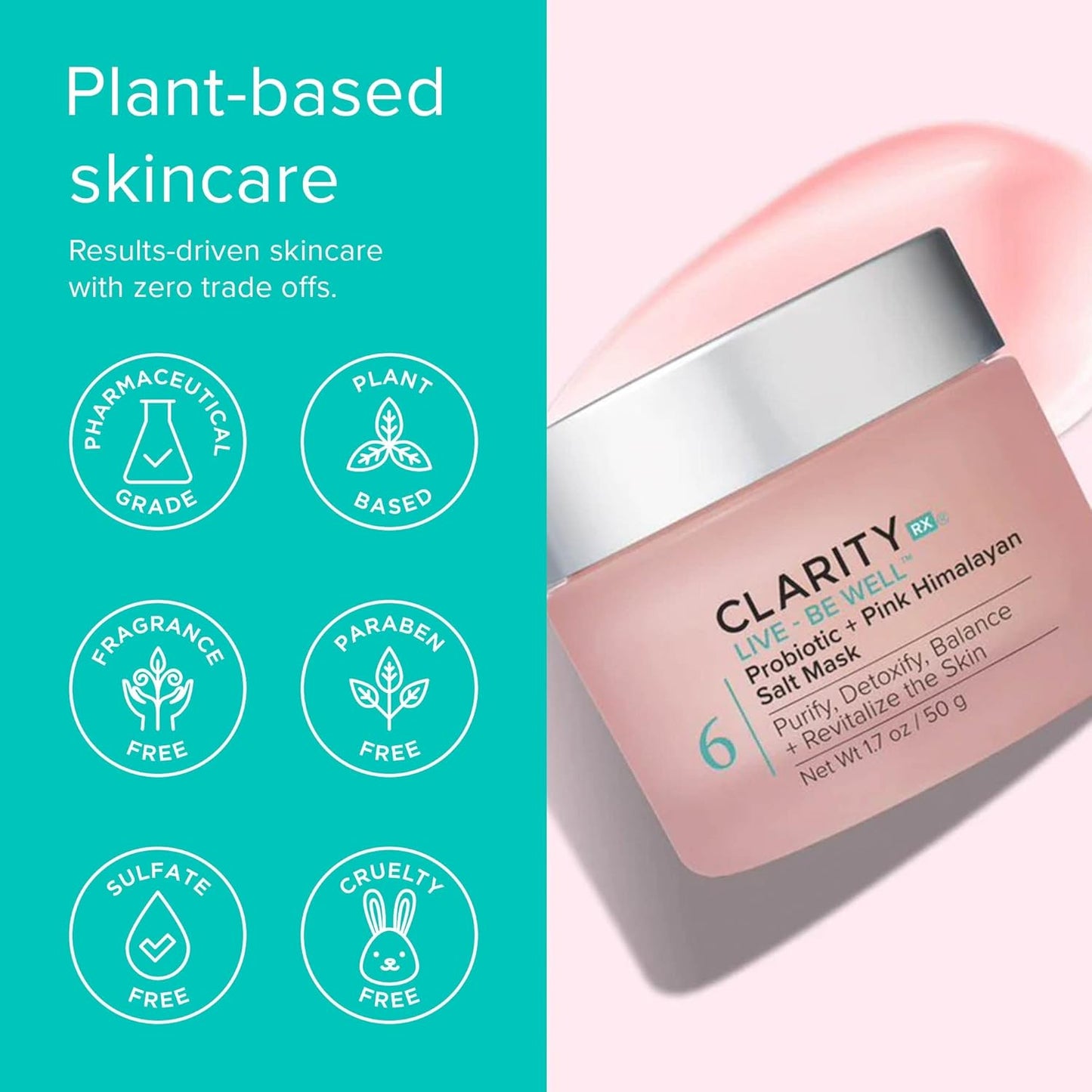 ClarityRx Probiotic Face Mask - Natural Pink Himalayan Salt Treatment for All Skin Types | Reduces Redness & Signs of Aging (1.7 oz)