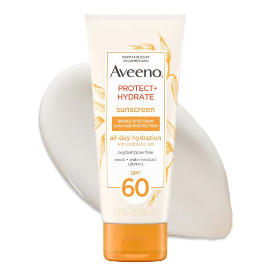 Aveeno Protect + Hydrate Sunscreen Lotion for Body & Face with Prebiotic Oat, SPF 60 Broad Spectrum Sunscreen, Paraben, & Oil Free, Water & Sweat Resistant (80-min) for Sensitive Skin, 3 Fl Oz