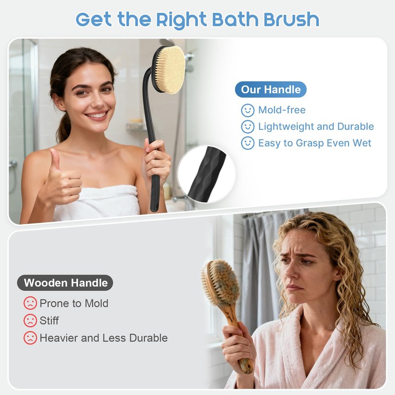 Flexible Up-Down Movement Back Scrubber for Shower for Men & Women, 3 Detachable Back Brush Heads Includes Silicone Body Scrubber, Sponge Bath Brush & Bristle Shower Brush, Wet/Dry Brush, Black
