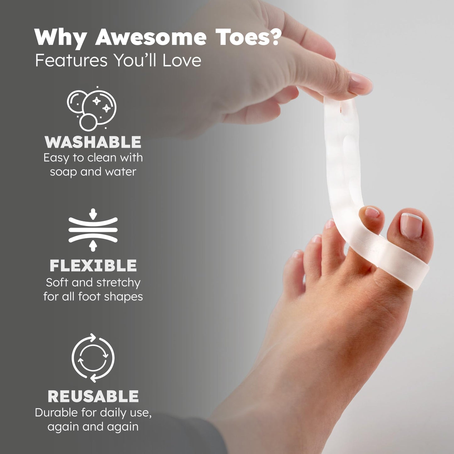Awesome Toes Spacers & Separators Kit – Fast Relief for Hammertoe & Bunions | Includes Toe Stretch Band, Individual Toe Spacers & Full Toe Spacers for Walking, Running, & Yoga Practice | Large