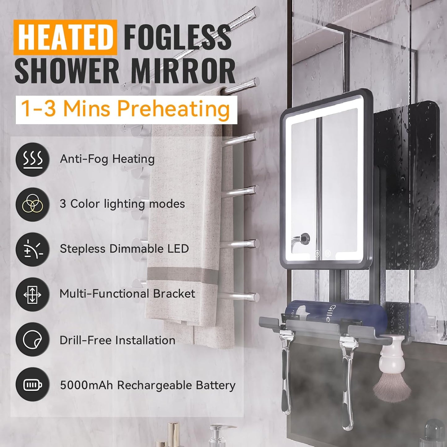 Fogless Heated Shower Mirror - 3-Color Dimmable LED Lights, Rechargeable, Adjustable | Drill-Free with Storage Tray, Black