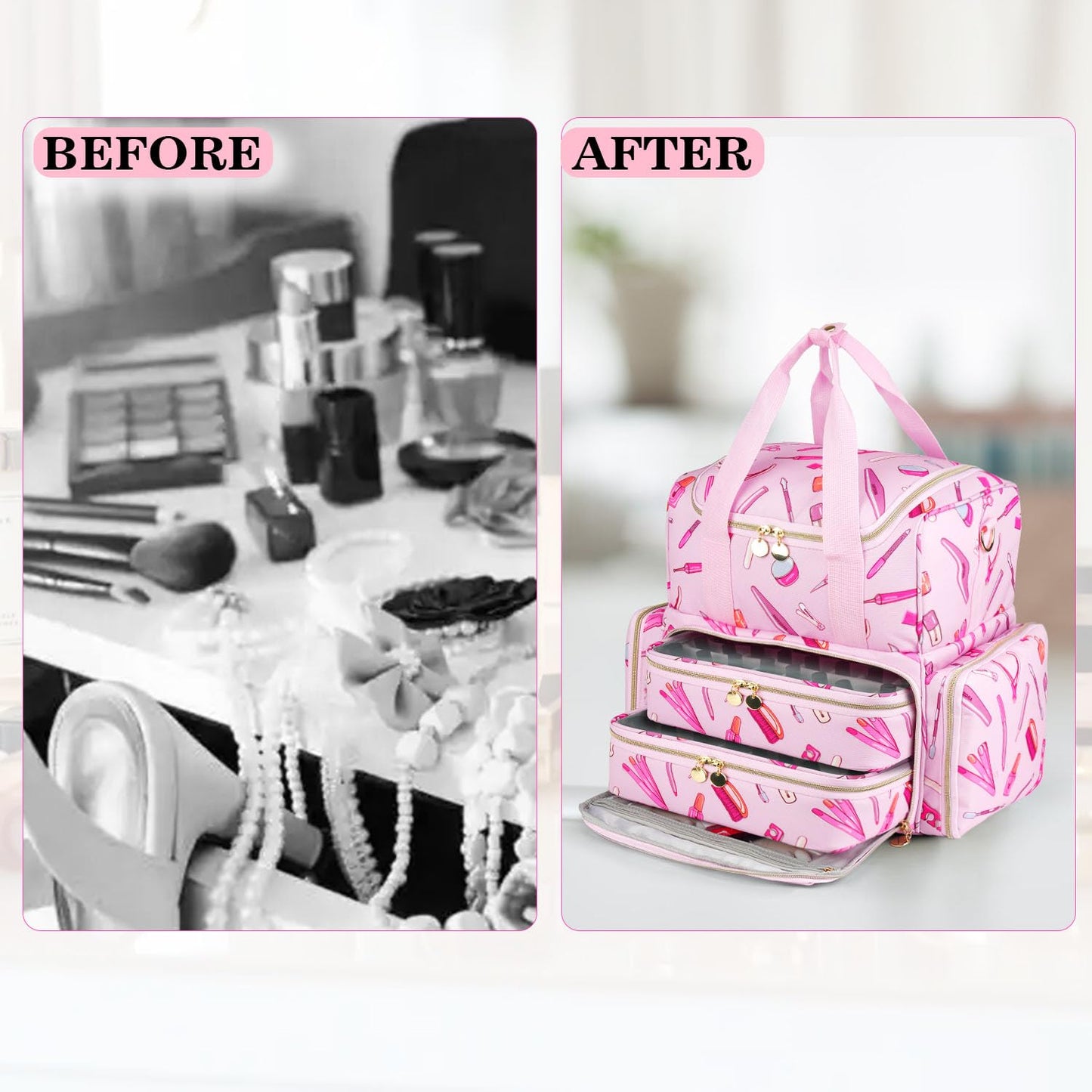 Extra Large Nail Polish Organizer Case Holds 80 Bottles and a Nail Lamp, Nail Organizers and Storage with 2 Removable Pouches, Travel Nail Supplies Carrying Bag for Nail Art Tech & Manicure Tools,Pink