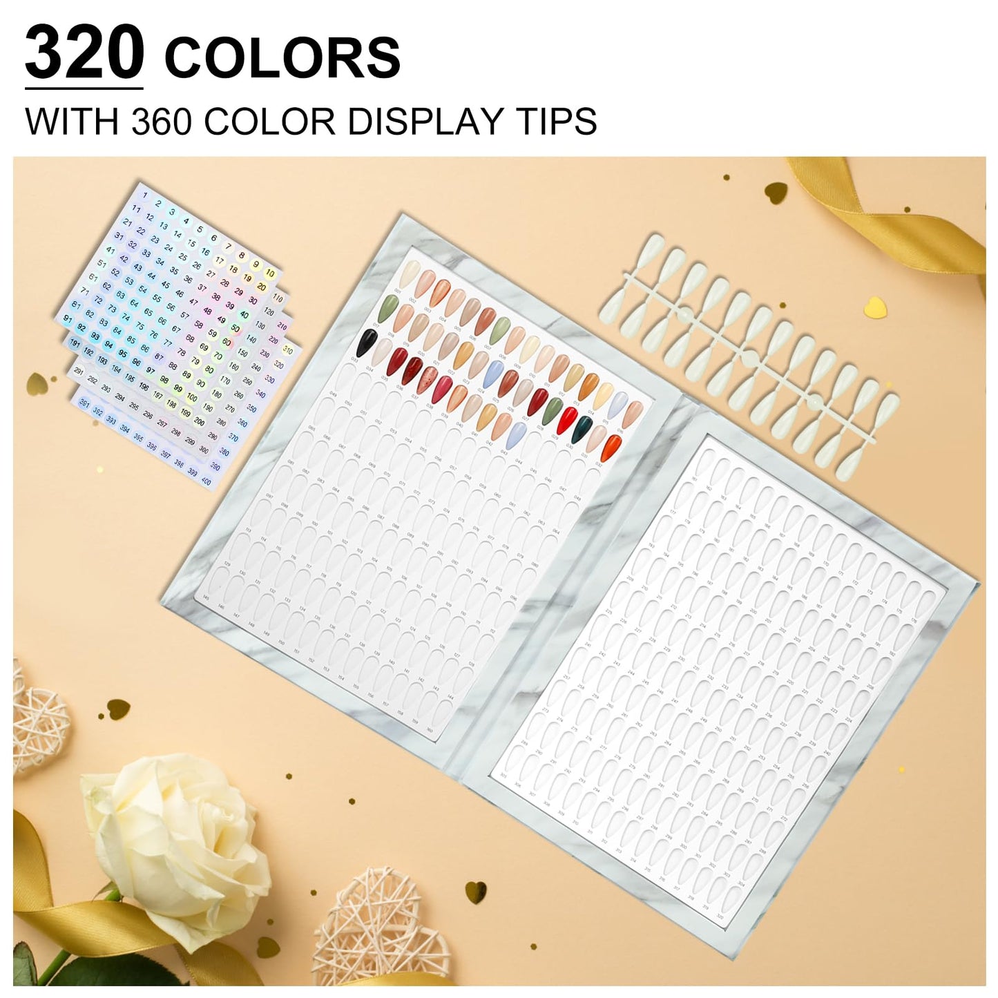 C12rtive 320 Nail Swatch Book,Professional Nail Polish Chart Book with 360 Practice Tips & 1-400 Number Labels, Pre-Numbered Slots,Perfect for Salons and Home Use(Marble)