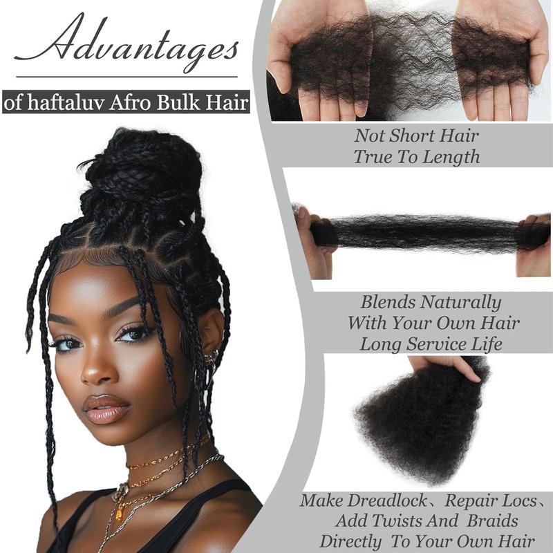 Afro Kinky Curly Human Hair Bulk - 50g 16 Inch Natural Black for Mini Twist, Braiding & Dreadlocks