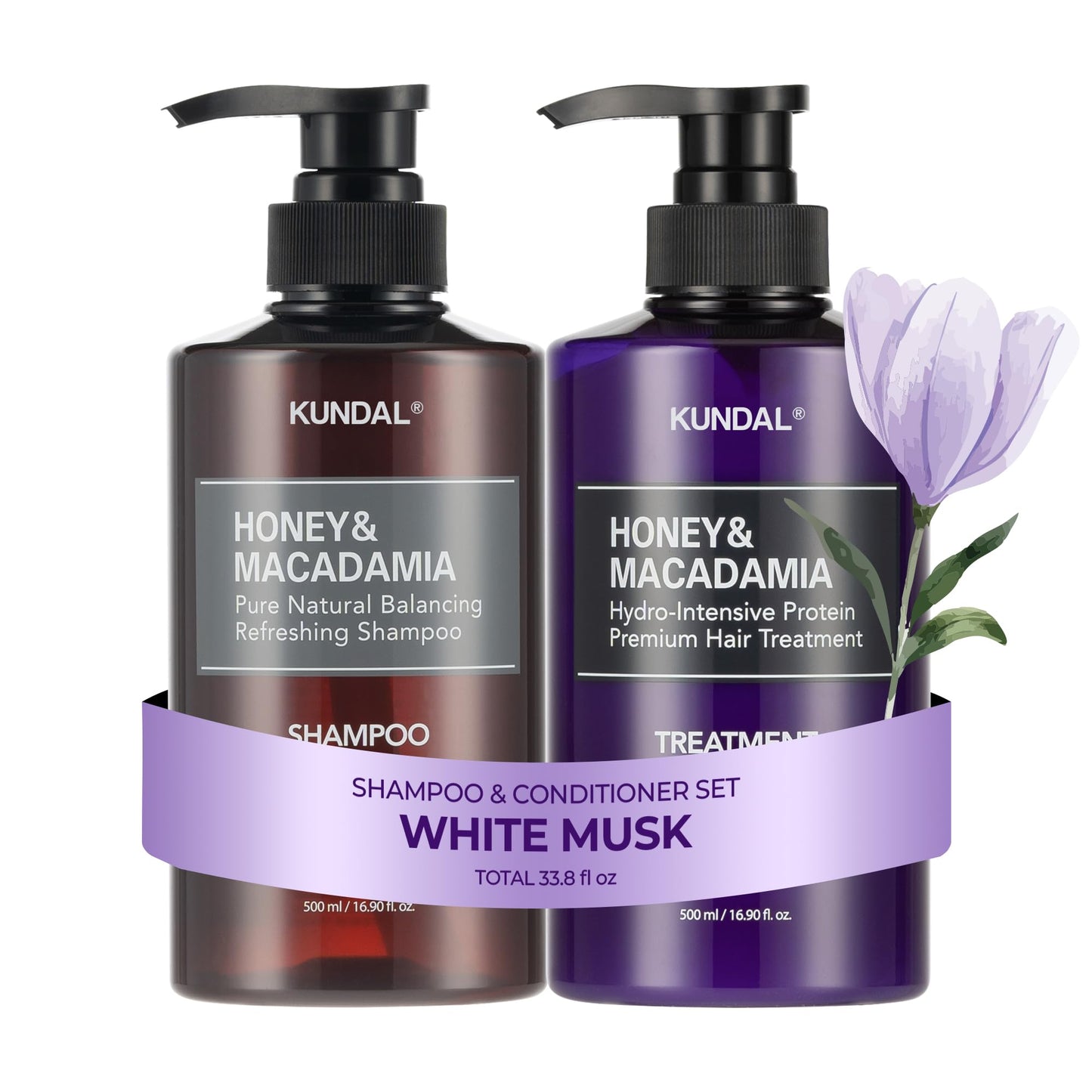 KUNDAL Honey & Macadamia Korean Hair Care Shampoo & Conditioner Set, White Musk, 16.9 Fl Oz Pack of 2 - Salon Quality, Helps Hair Feel Moisturized, Argan Oil, Sulfate Free, Long Lasting Scent