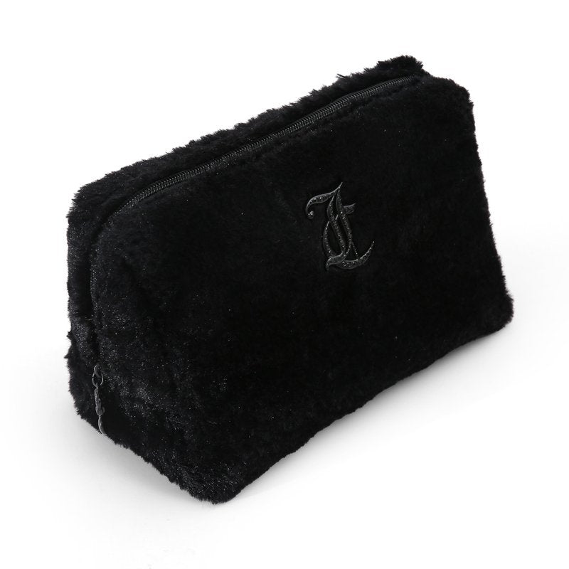 Juicy Couture Black Makeup Bag Cosmetics Organizer Travel Essentials Zip Top Wedge Faux Fur Rhinestone