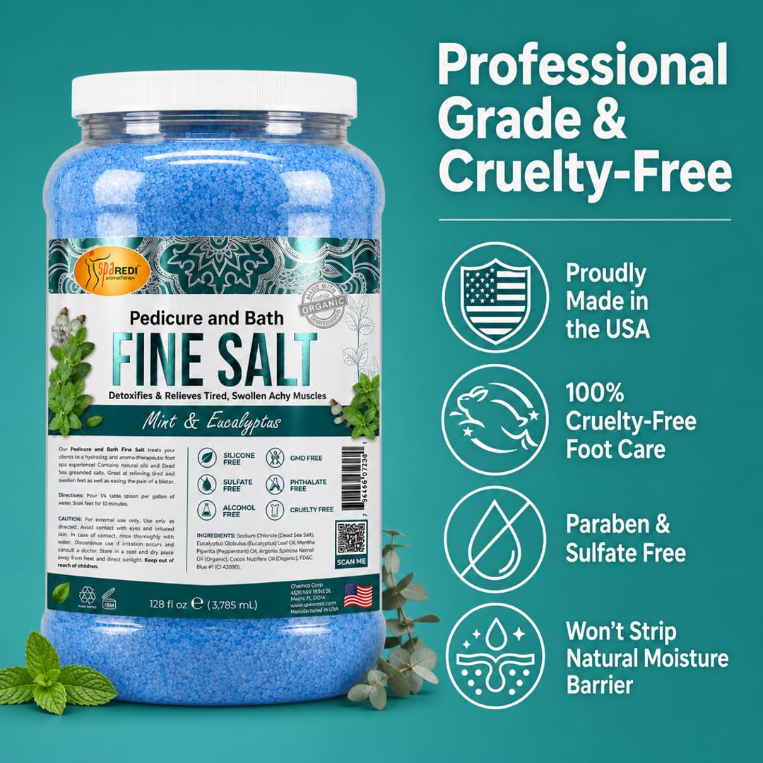 SPA REDI - Detox Foot Soak Pedicure and Bath Fine Salt, Mint and Eucalyptus, 128 Oz - Made with Dead Sea Salts, Argan Oil, Coconut Oil, and Essential Oil - Hydrates, Softens & Moisturizes Pkg May Vary