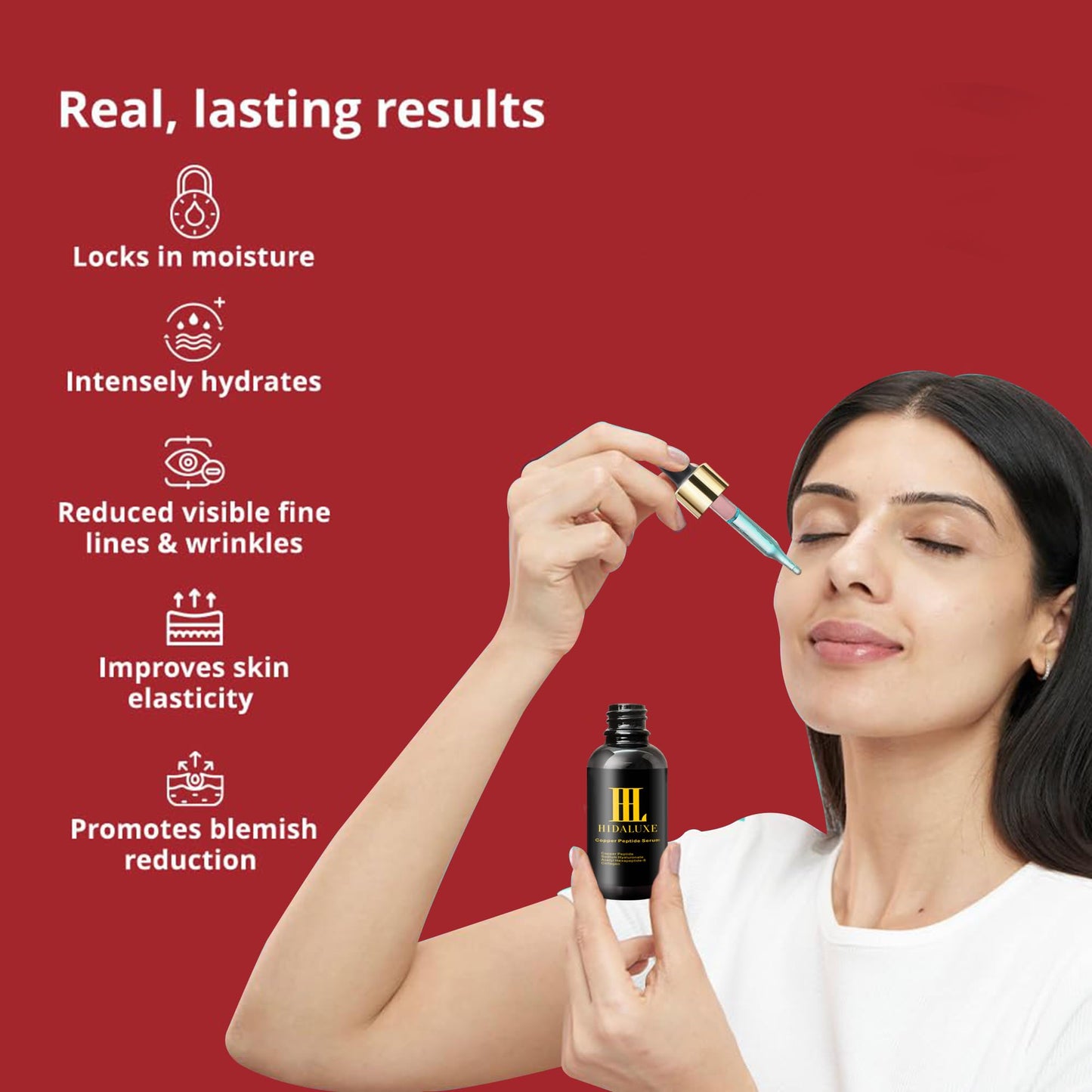 HIDALUXE Copper Peptide Face Serum: Tightening, Repairing, and Collagen Boosting with Hyaluronic Acid | GMO FREE, PARABEN FREE, CRUELTY FREE, SILICONE FREE